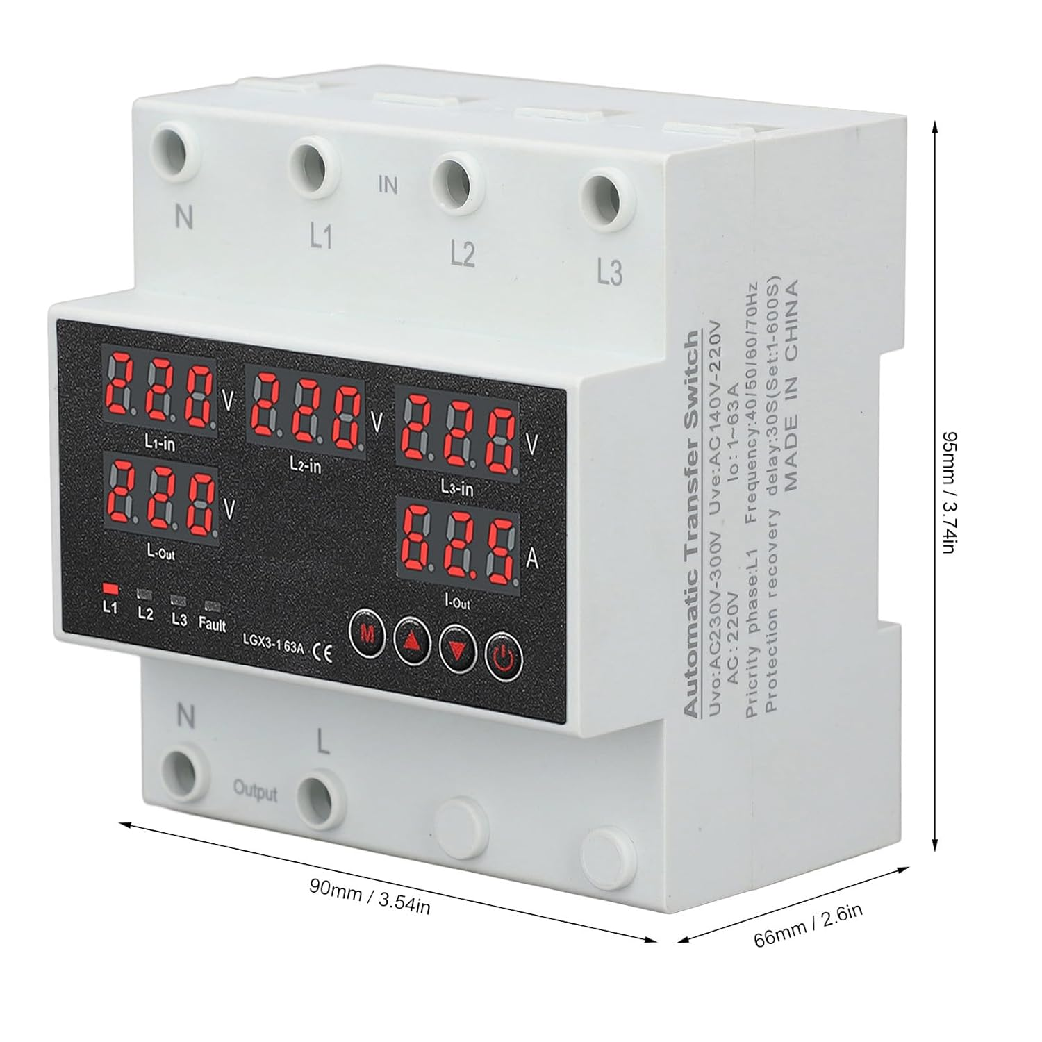 Automatic Transfer Switch, 63A 3P4W LED Display Adjustable Voltage Protector, Single Phase Generator Automatic Transfer Switch, Power Management for Indoor Outdoor Use (AC220V) image number 3
