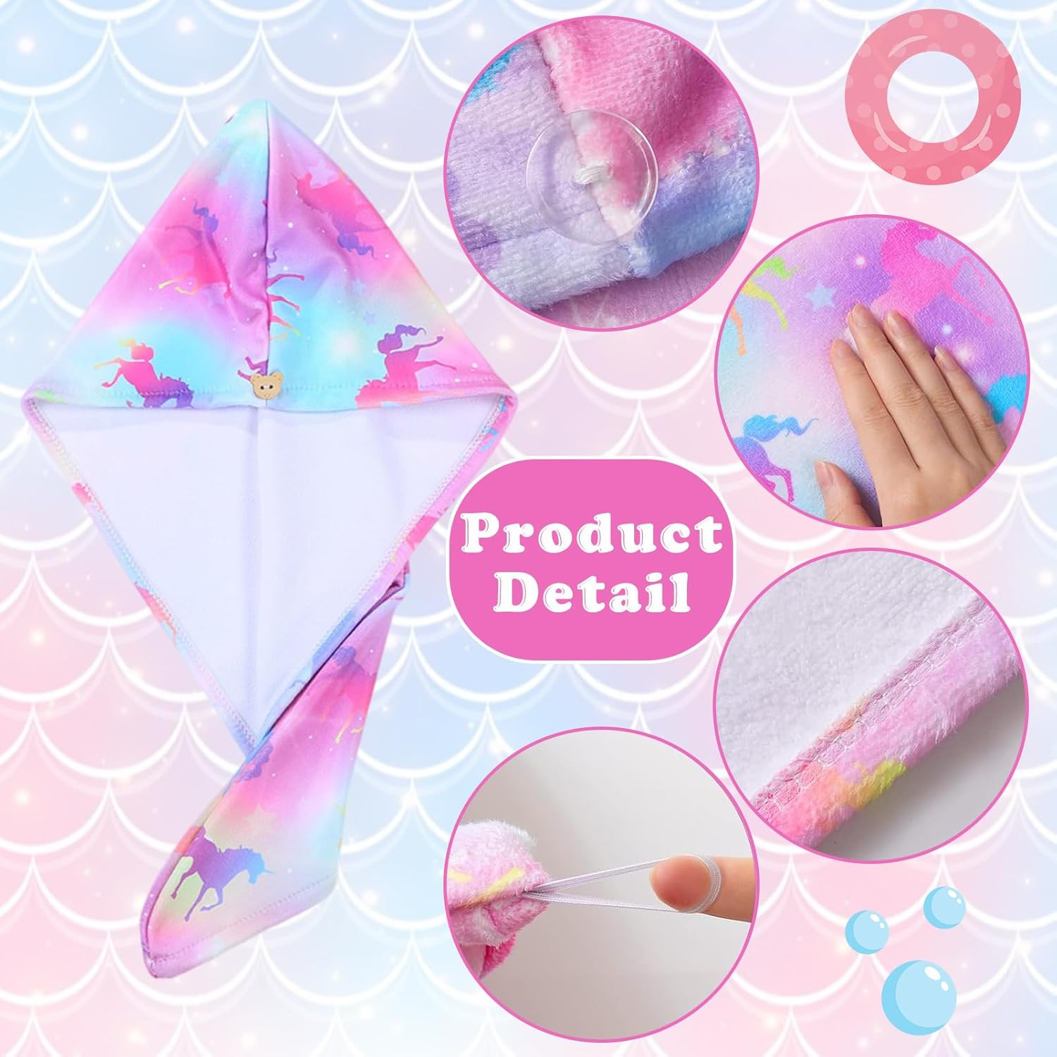 Microfiber Hair Towel Wrap for Kids, 2 Pack Fast Drying Hair Wrap with Buttons, Quick Dry Twisty Hair Towels Wrap for Curly Long Thick Hair anti Frizz (2Pcs Unicorn, One Size) image number 6