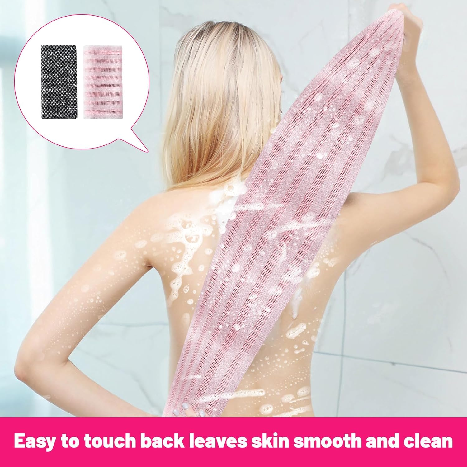2Pcs Body Scrubber, Back Scrubber for Shower, Exfoliating Towel, Japanese Scrub Wash Cloth, Exfoliating Towel for Men Women, Body Exfoliator Loofah Luffa Sponge Net Rag Back Washer (Pink & Black) image number 2