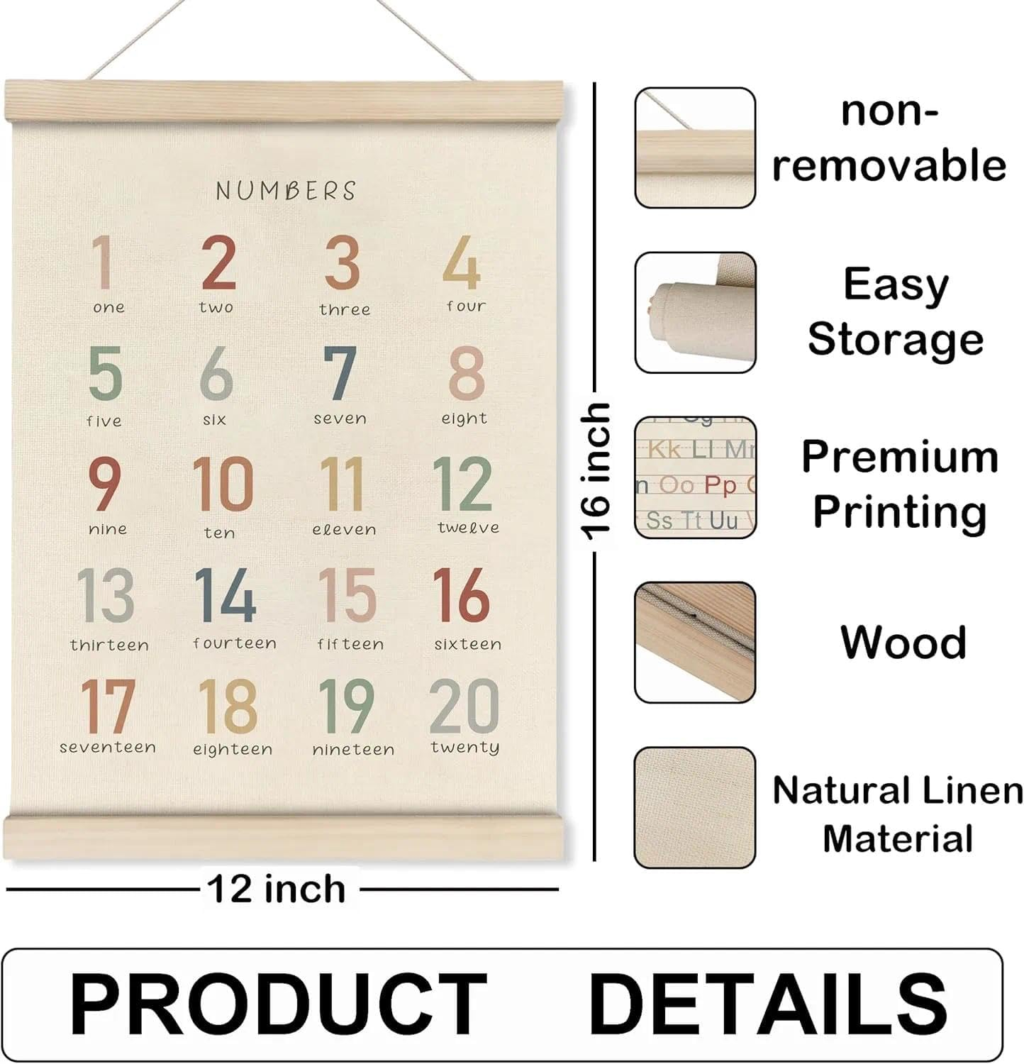 Alphabet Numbers Poster Hanger for Nursery & Kids Room Decor - 12X16 Inch (30X40 Cm) Wooden Frame with Twine, Educational Wall Art for Toddlers, Classrooms & Playroom CRFY image number 5