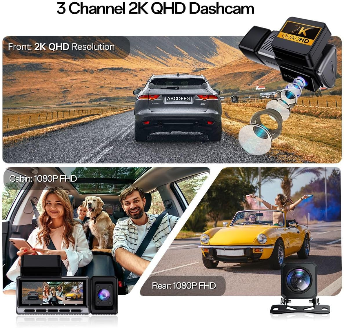 3 Channel Dash Cam with GPS, 2K+1080P+1080P Triple Lens Car Camera, Wifi, 24H Parking Mode, Acc Loop Recording, Support 256GB, Night Vision, Motion Detection, 3 Inch Screen image number 1