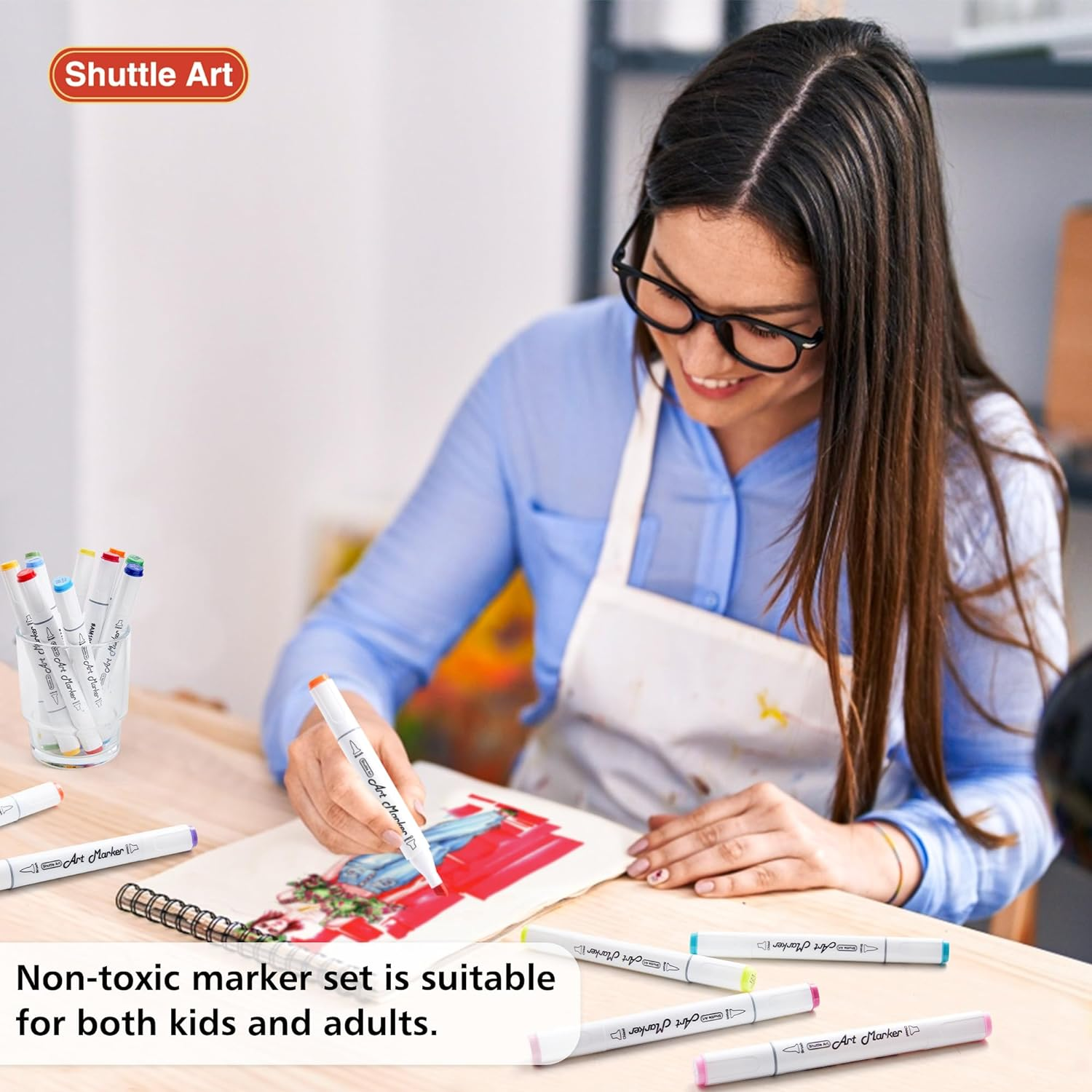 Shuttle Art Brush Tip Art Pens, Dual Tip Alcohol Markers Set, Brush & Chisel Tip Art Markers, 50 Colours plus 1 Blender Permanent Marker Pens with Case Perfect for Illustration Colouring Sketching image number 5