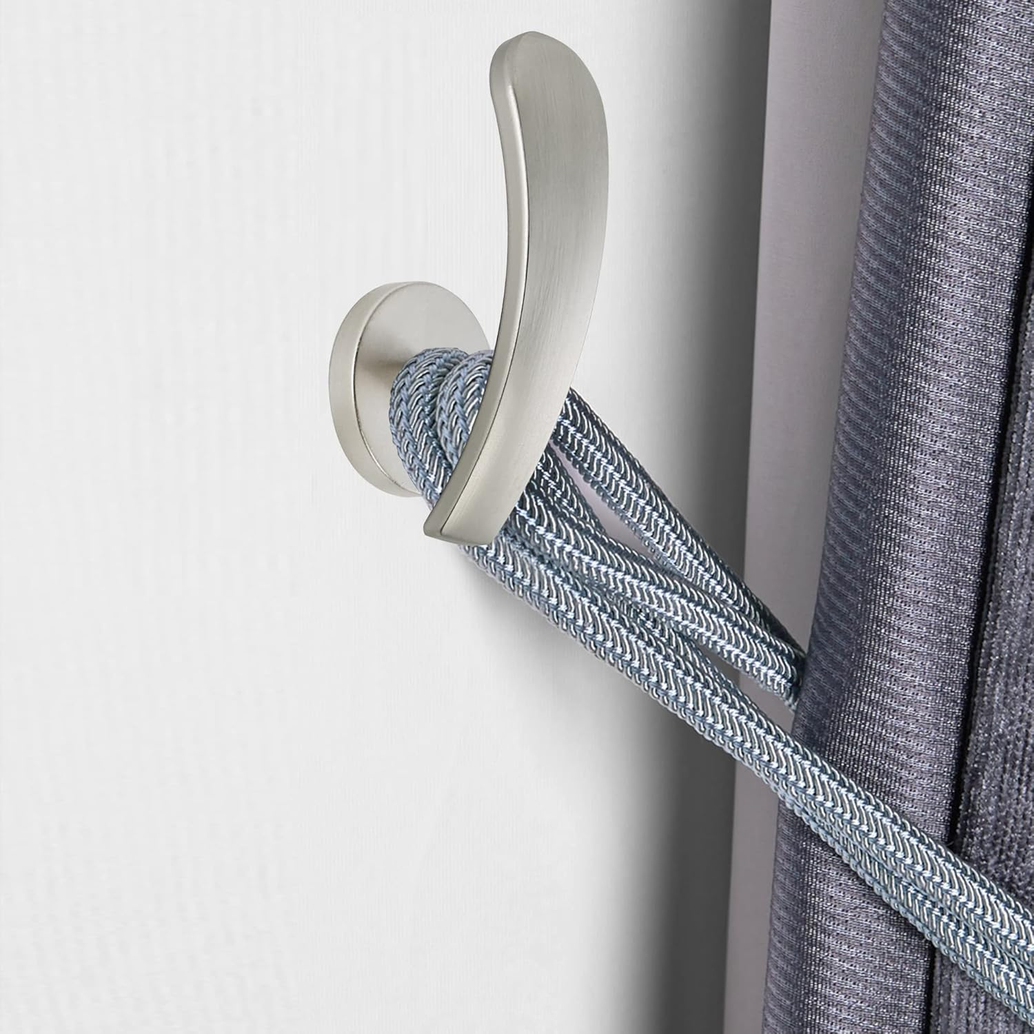 Curtain Holdback, 2Pcs Wall Mounted Drapery Tiebacks with Screws, Decorative Drapery Metal Hook Wall Hanger, Silver - Black image number 2