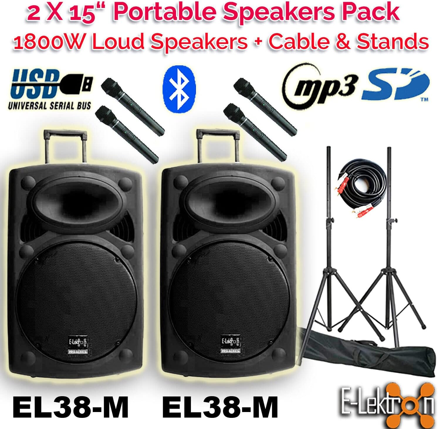 E-Lektron EL38-M Package 2 X 15 Inch 1800W Bluetooth 5.0 TWS Linkable Portable Speaker Set Laud Sound PA System with Stands image number 1