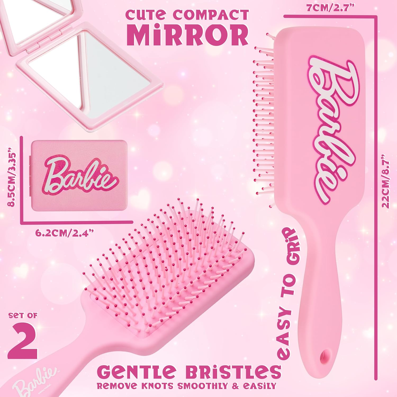 Barbie Detangle Hair Brush for Women Teenagers Girls, Paddle Brush and Compact Mirror Set - image number 1