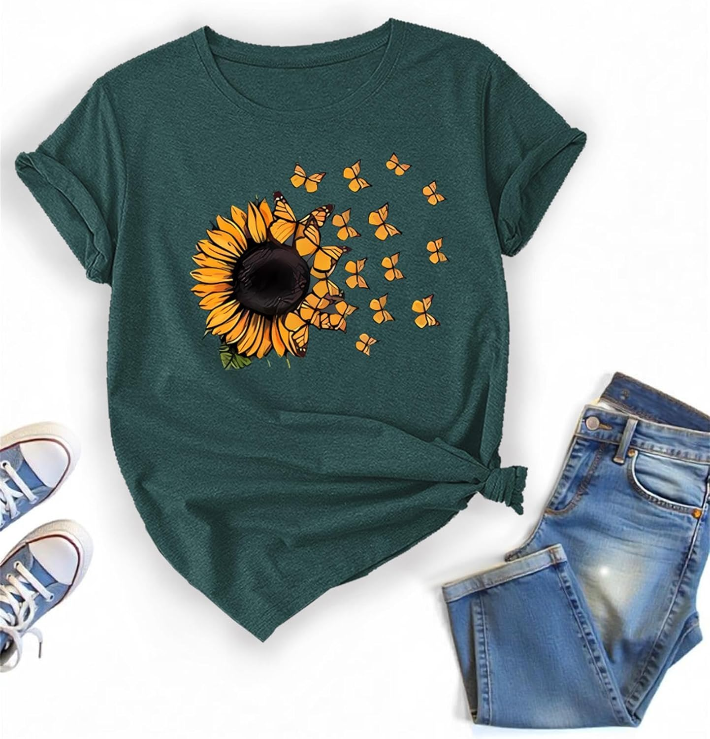 Boho Sunflower Butterfly T Shirt Cute Wildflowers Short Sleeve T Shirt