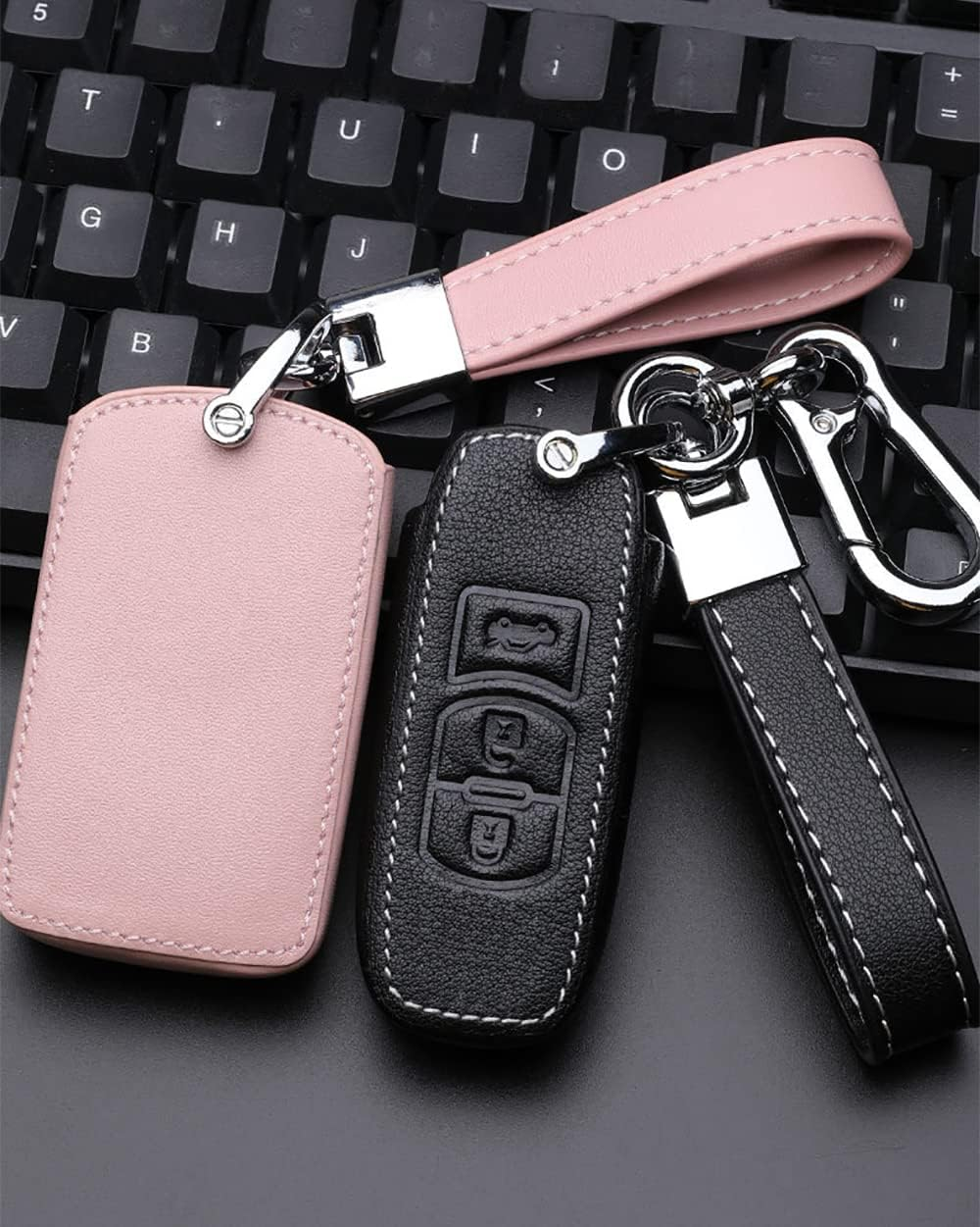 Ontto Leather Car Key Fob Cover Fit for Mazda 3, Alexa Keyring for Mazda 3, CX-30, CX-5, CX-9, 3 Sedan 2019 2020 Accessories Key Case Key Holder Keychain Protector 3 Buttons Pink image number 4