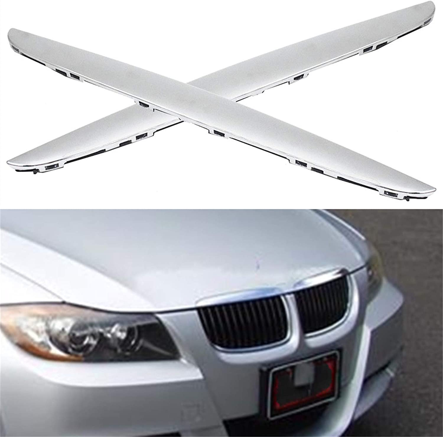 Munirater 2-Pieces Chrome Plated L&R Hood Trims above Kidney Grille Replacement for BMW E90 E91 3-Series 325I 330I 328I 2006 2007 2008 image number 5