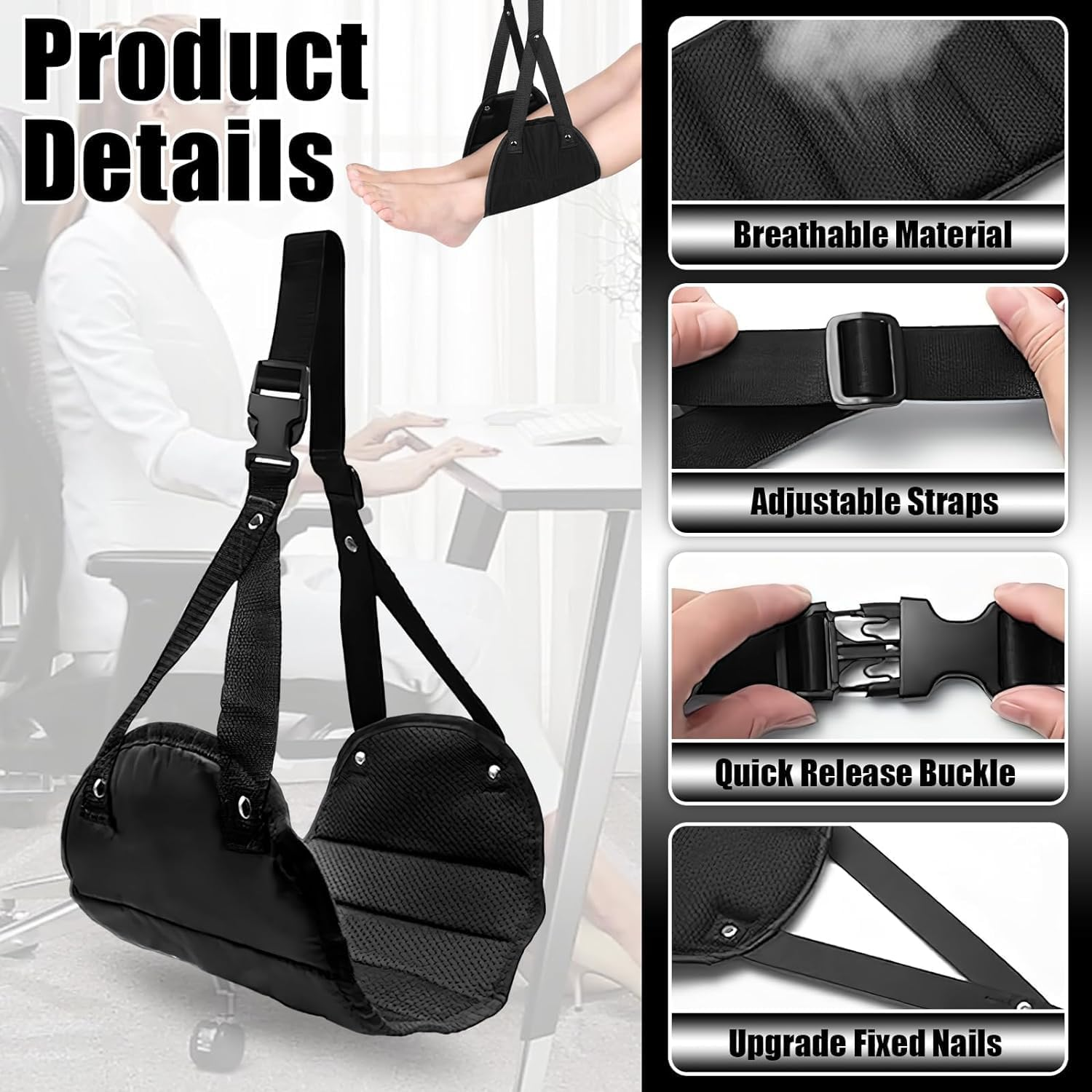 Airplane Footrest, Portable Travel Foot Hammock, Adjustable Height Airplane Foot Rest Hammock for Travel, Home, Office (Black) image number 4