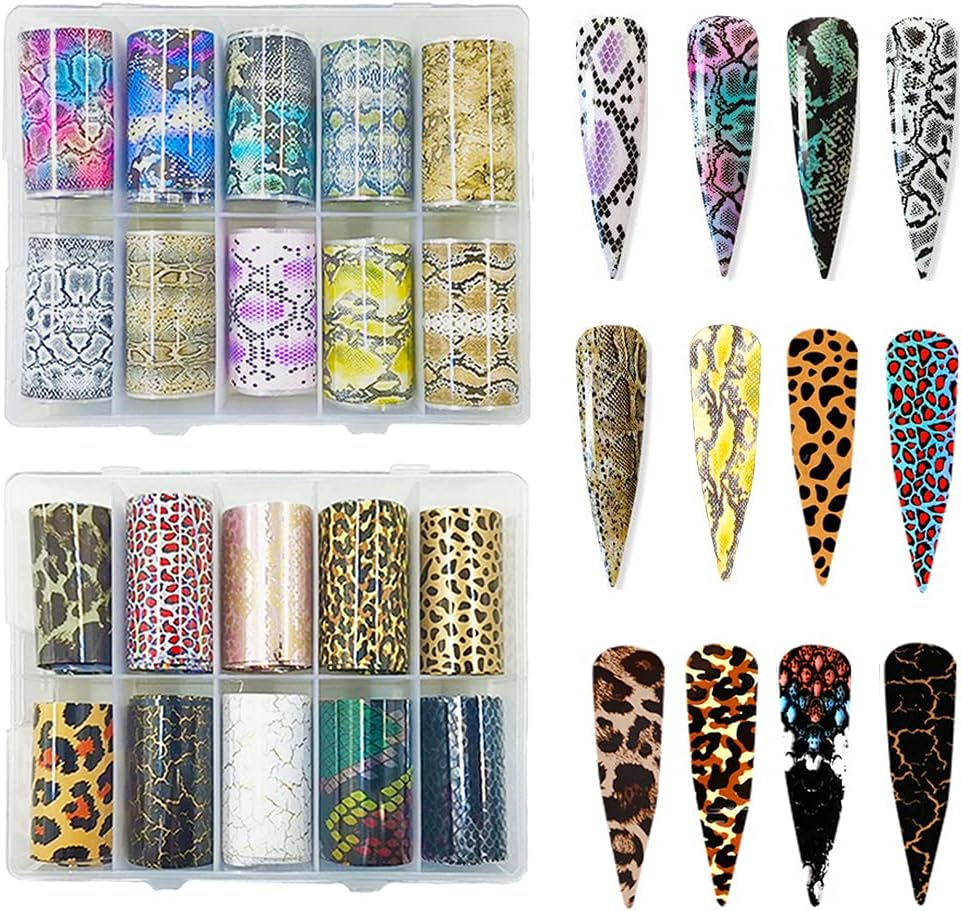 CHANGAR Animal Skin Style Nail Art Foil Transfer Decals 2 Boxes Serpentine Leopard Print Tiger Snake Skin Pattern Nail Foil Adhesive Stickers Starry Sky Manicure Transfer Tips Nail Art DIY Decoration image number 6