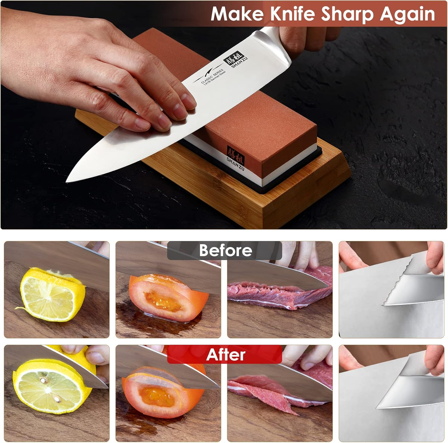 SHAN ZU Sharpening Stone for Knives, Grit 1000/6000 Whetstone with Angle Guide Non-Slip Bamboo Base Japanese Knife Sharpeners Stone Professional 2-In-1 Wetstone for Home Kitchen image number 6