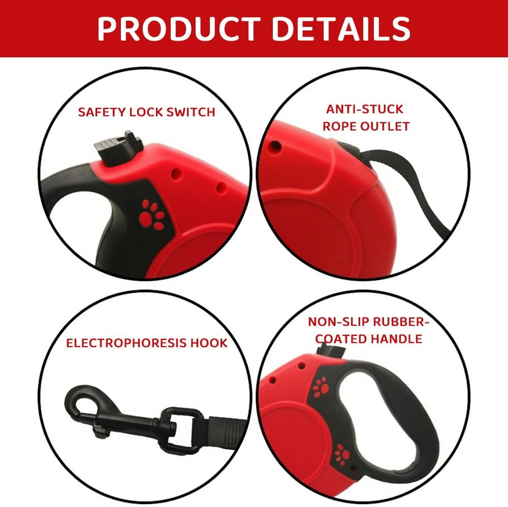 Retractable Dog Leash &ndash; 8M Heavy Duty Nylon Tape, Anti-Slip Handle, Tangle-Free, One-Handed Brake & Lock, for Dogs up to 40Kg