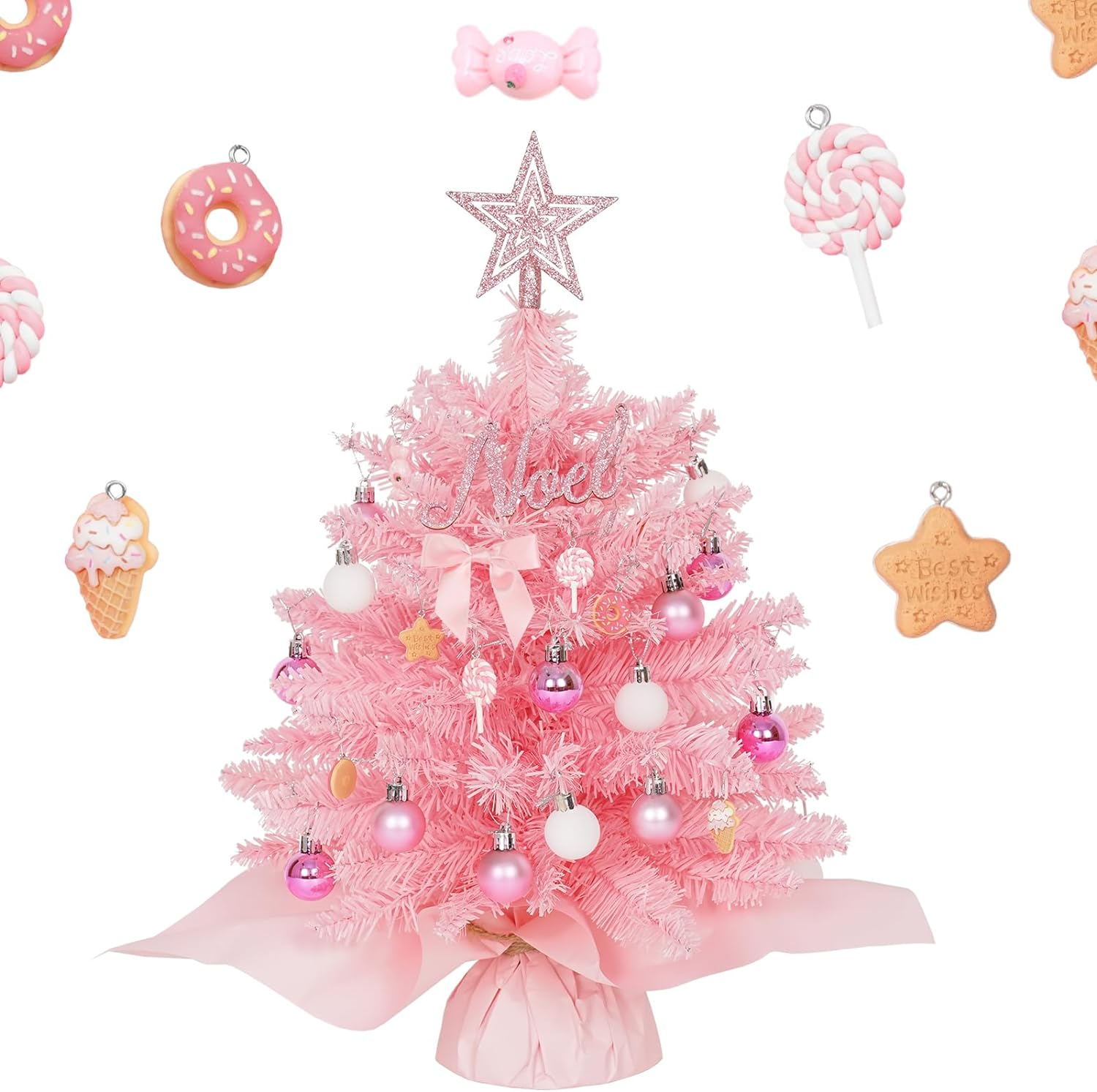 20" Mini Pink Christmas Tree, Artificial Small Table Top Christmas Tree with Warm Lights, Star Treetop and Ornaments, Tabletop Christmas Tree for DIY Pink Christmas Decoration Gifts