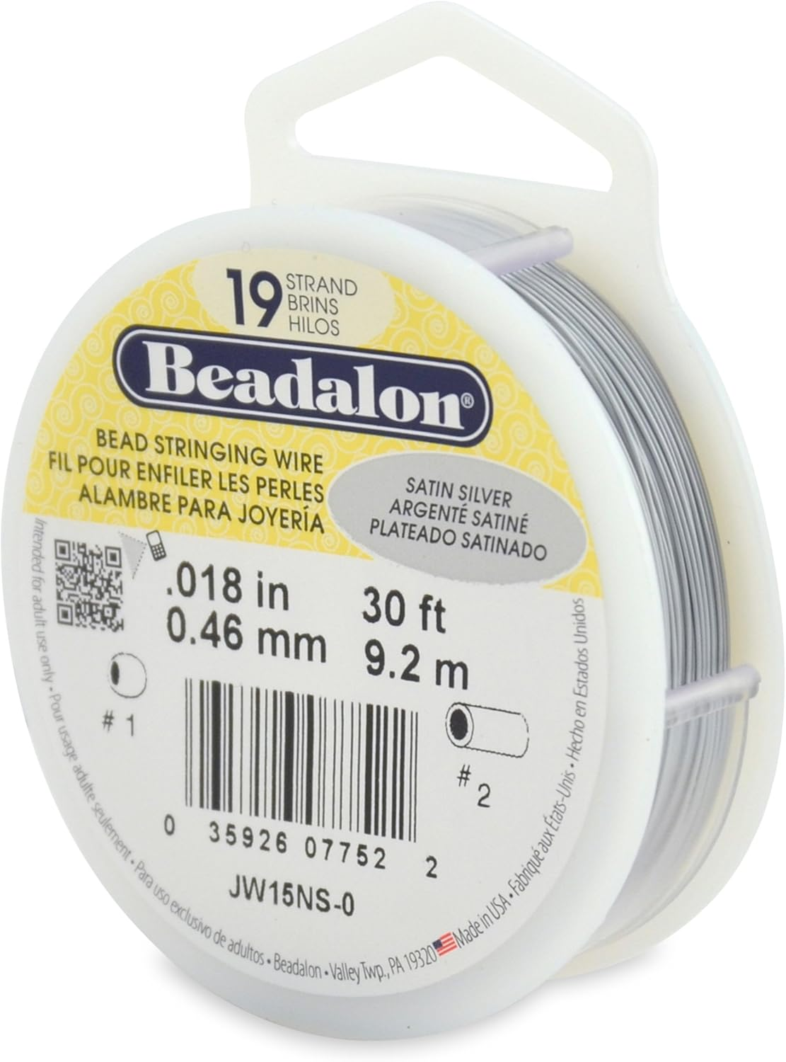 Beadalon 19-Strand Bead Stringing Wire, 0.018-Inch, Satin Silver, 30-Feet, .40 Mm