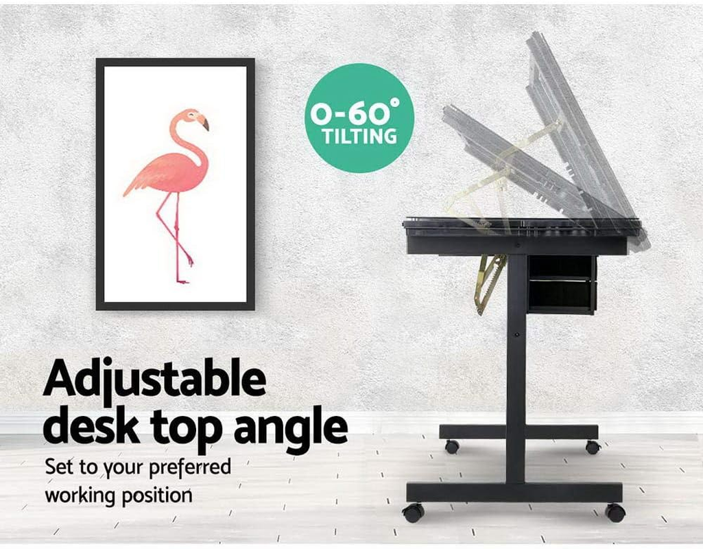 Artiss Drawing Table, Metal Adjustable Drafting Tables Desk Craft Standing Desks for Artwork Work Bench Painting Studio, Tempered Glass Desktop with Removable Drawers Storage Tray Castor Pad Black image number 4