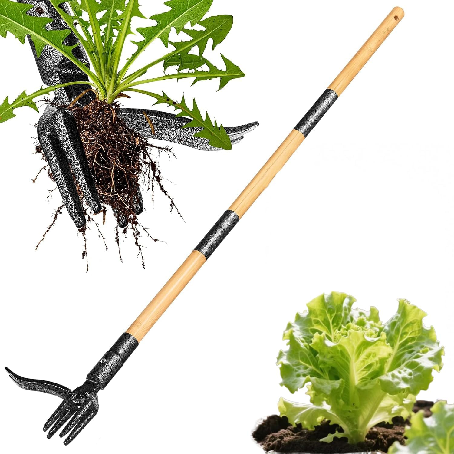 APEXORIGIN Weed Puller Tool, 1.1M Stand up Heavy Duty Weed Remover Tool with Long Handle, Foot Platform Design - 4 Claw Steel Head Weeder Tool, Bamboo Garden Hand Weeding Tool (Black) image number 4