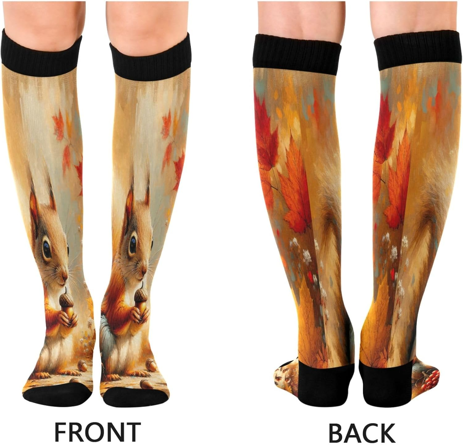 Joisal Squirrel Autumn Floral Compression Socks Knee High Support Socks for Running Gym Nursing Travel, 1 Pair image number 2