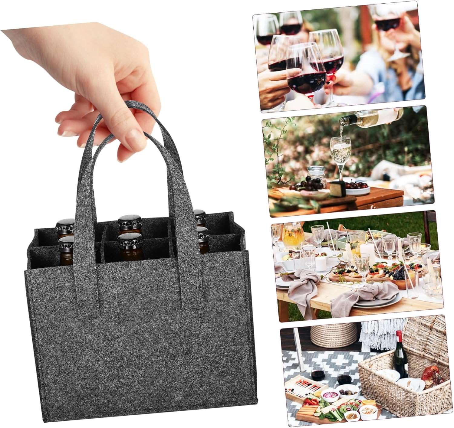 IWOWHERO 4Pcs Felt Bottle Carrier Handbag for 6 Bottles, Medium Grey Felt Wine and Beer Tote Bag 24X16X16Cm for Travel Camping and Picnic image number 5