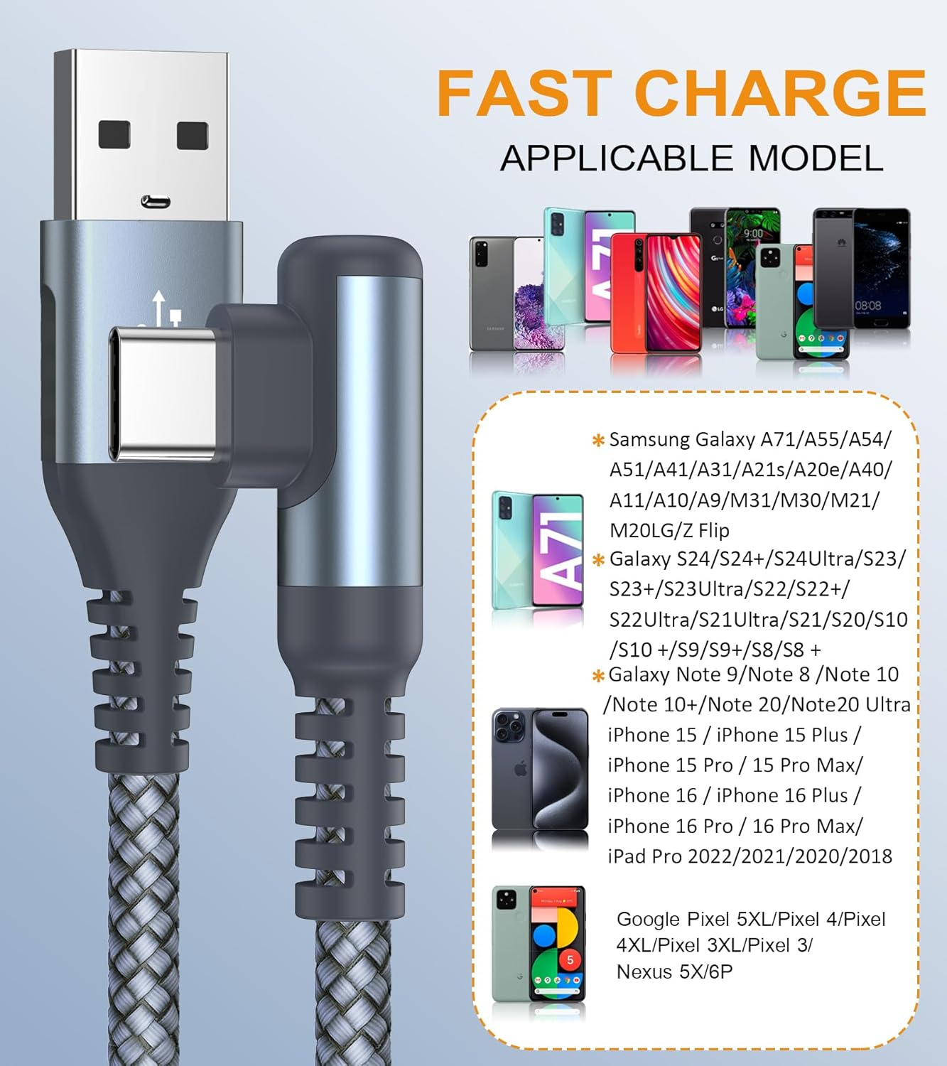 Sweguard USB Type C Charger Cable Right Angle [2-Pack,2M] Iphone 17 Charger Nylon Braided Cord for Iphone 17 16 15 Pro Max Air Plus, Samsung Galaxy S25 S24 S23 S22 S21 S20 S10 S9 S8 Note Pixel LG Moto image number 2