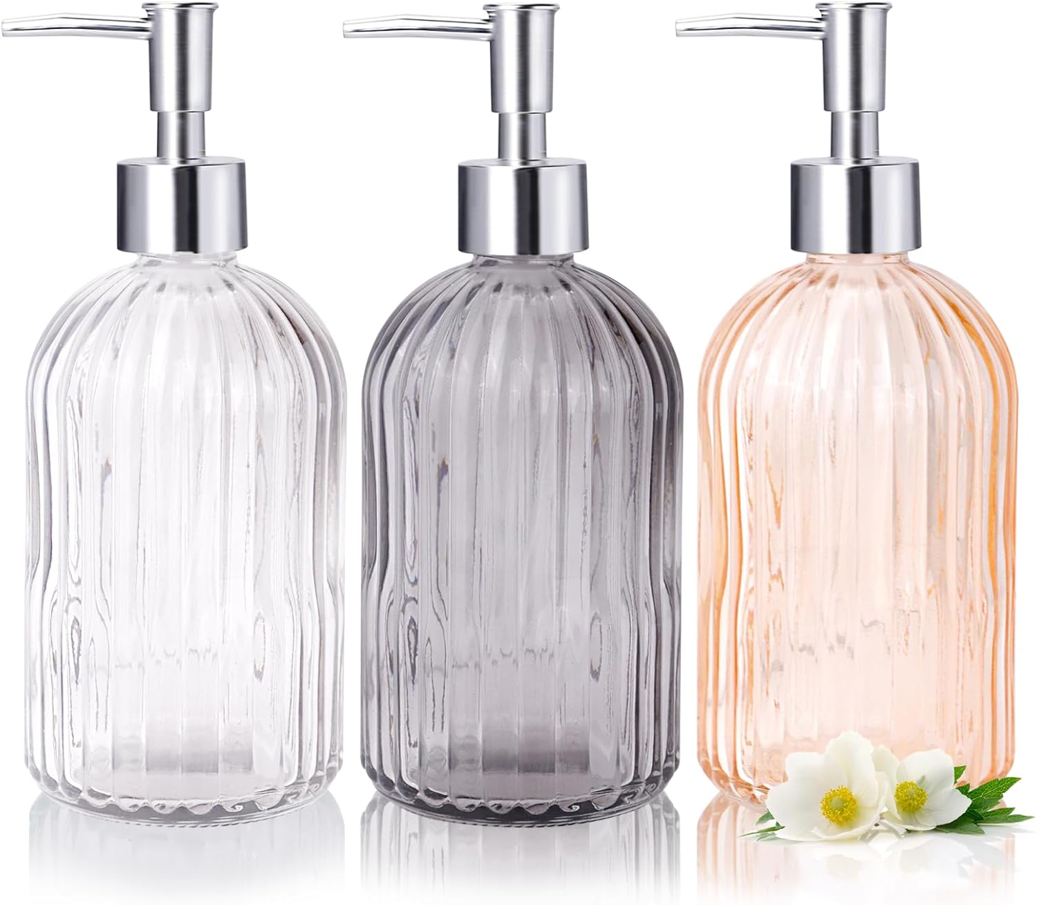 RETON 3 Pack Soap Dispenser Set, 14 Oz Clear Glass Soap Dispenser with Rust Proof Plastic Pump, Refillable Liquid Hand Soap Dispenser, Bathroom Soap Dispenser for Kitchen Countertop (3 Colors) image number 5