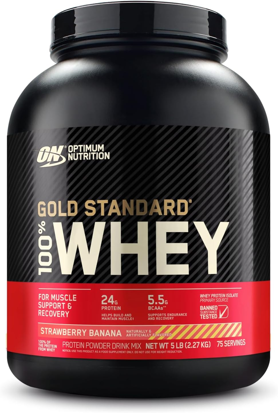 OPTIMUM NUTRITION Gold Standard 100% Whey Protein Powder, Strawberry Banana, 2.27Kg - [2024/2025 Plastic Neck Band Packaging May Vary]