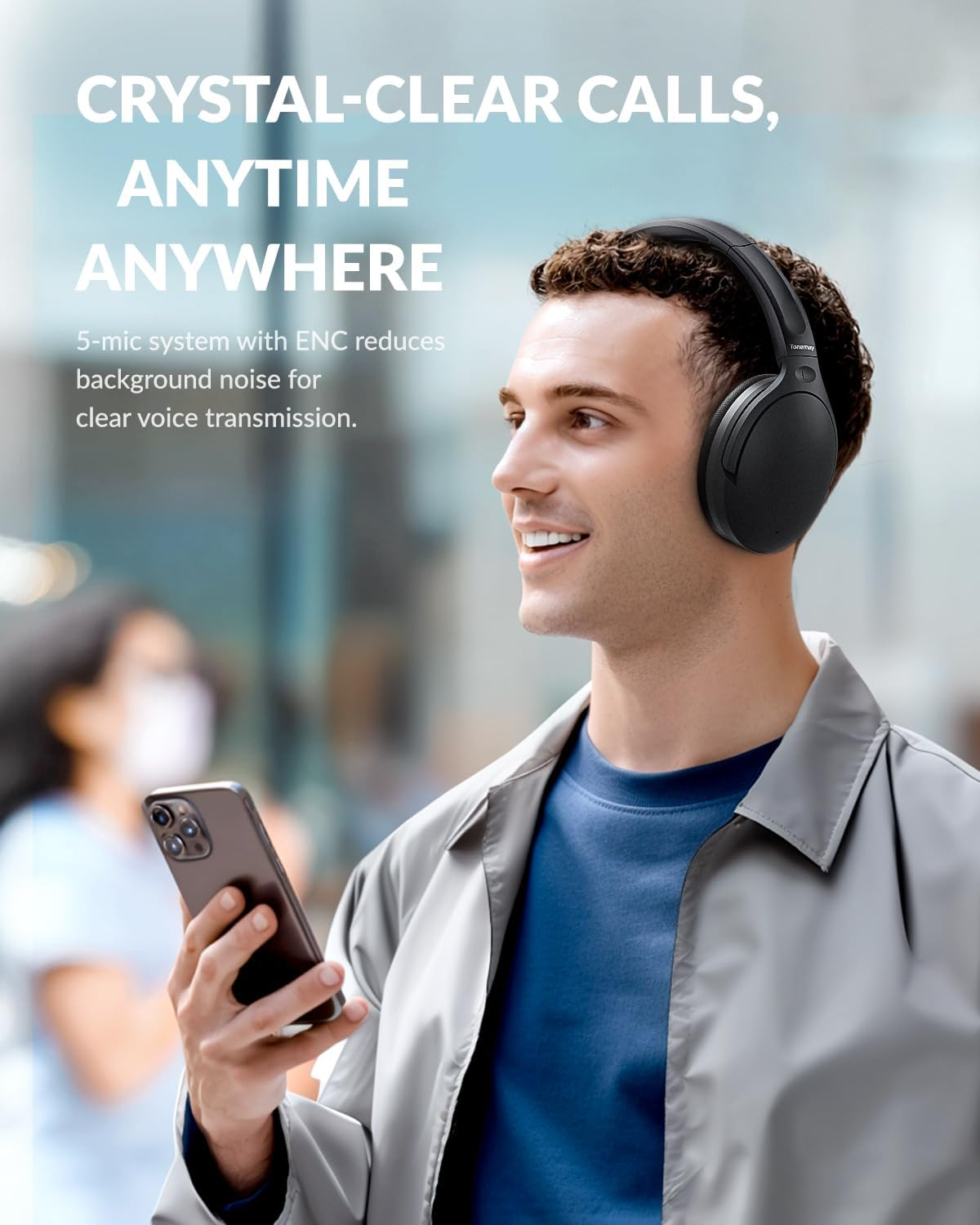 TONEMAY Zen Bluetooth Headphones with -45Db Hybrid Active Noise Cancelling, 80H Playtime Wireless Over-Ear Headphones, Immersive Deep Bass Stereo, 5-Mic ENC Clear Calls, Personalized Comfort, Black image number 6