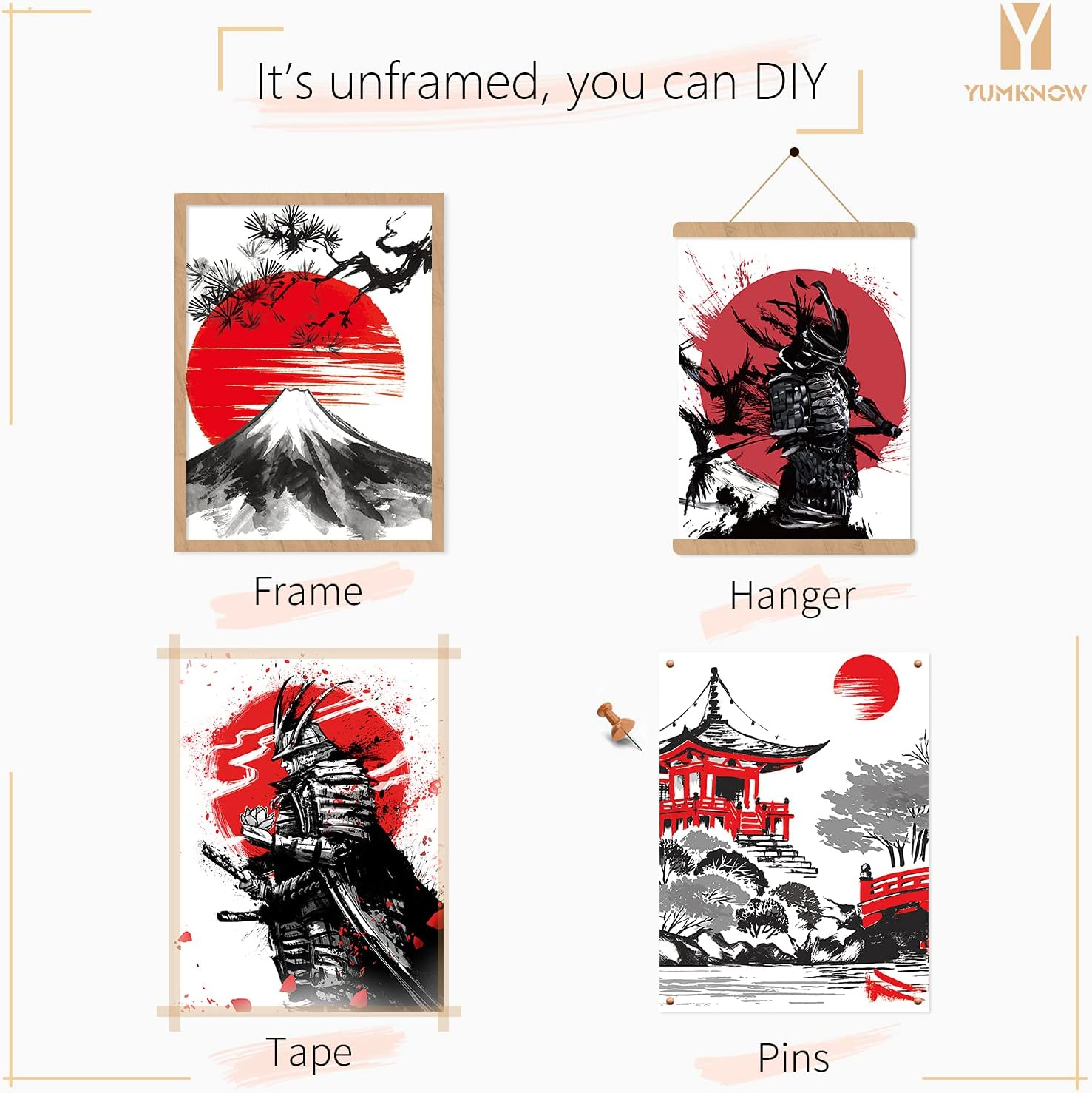 YUMKNOW Japanese Art Wall Decor - Unframed 8X10 Set of 6, Modern Minimalist Asian Oriental Decor for Living Room, Samurai Armor Warriors Prints Posters for Bedroom, Japan Red White Art Office Gifts image number 6