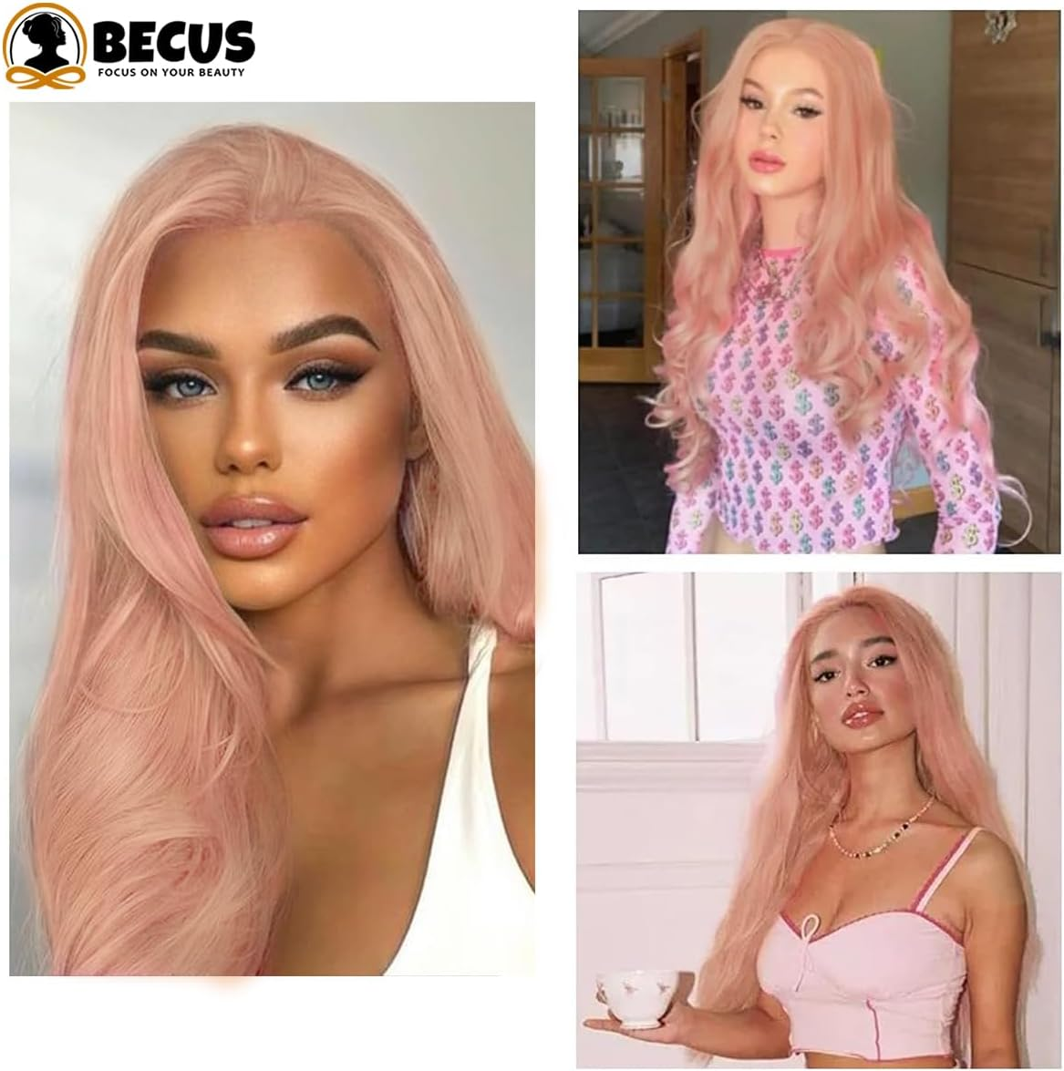 BECUS Pink Lace Front Wig Pre Plucked 13X3 Body Wave Wigs for Women Loose Curly Synthetic Lace Front Wig Wave Natural Hairline - Black image number 2