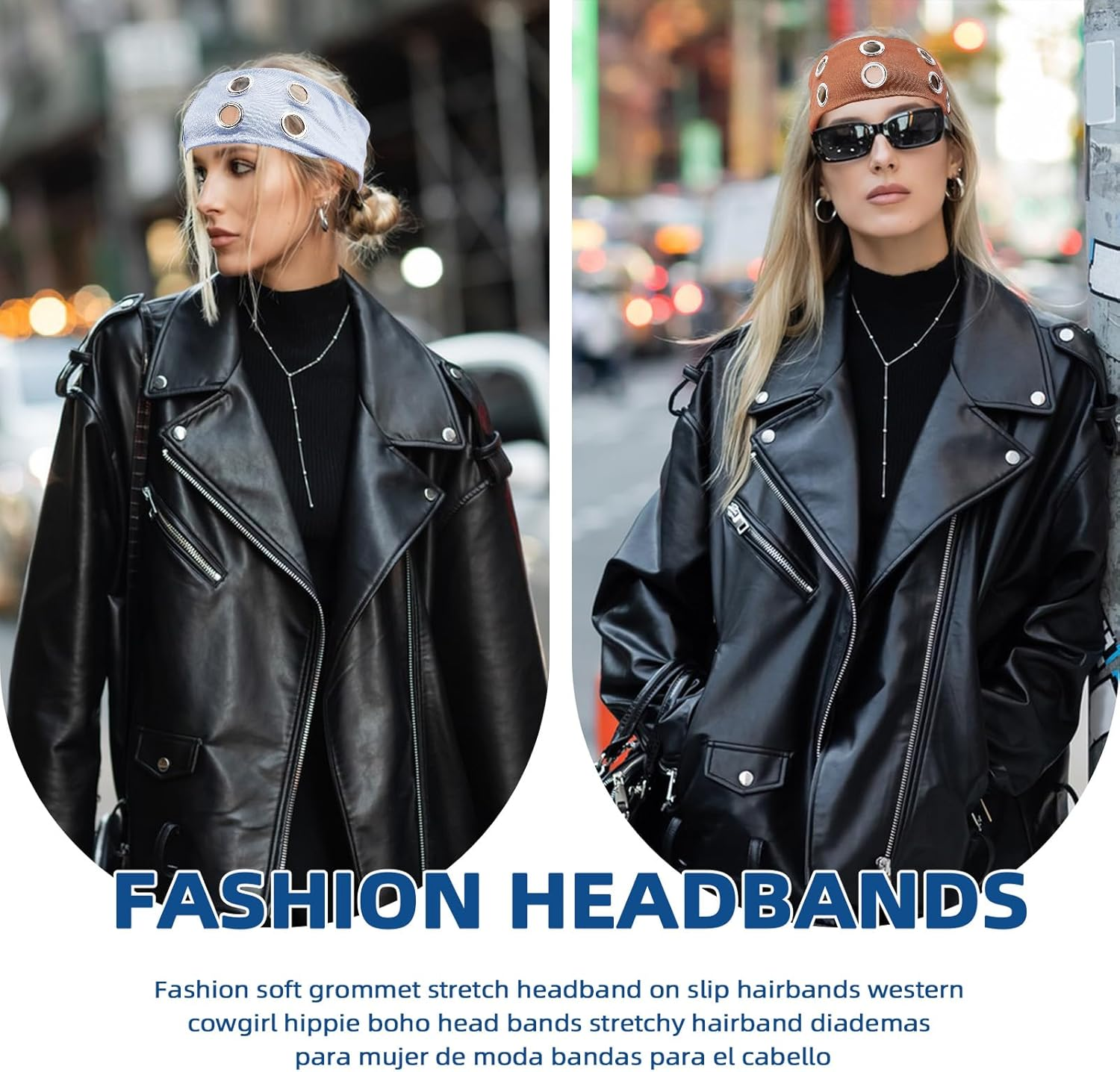 NICENEEDED 3 Pieces Fashionable Wide Headbands with Eyelets for Women Elastic Headbands with Hollowed Eyelets Punk Grunge Stretchy Headband (Black Coffee Light Grey) image number 1