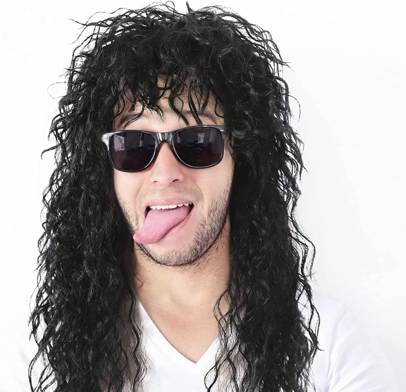 Men'S Hippie Rock Disco Costume Hair ，70S 80S 90S Retro Long Black Curly Wig ， for Halloween, Cosplay, Theme Parties & Rave image number 2