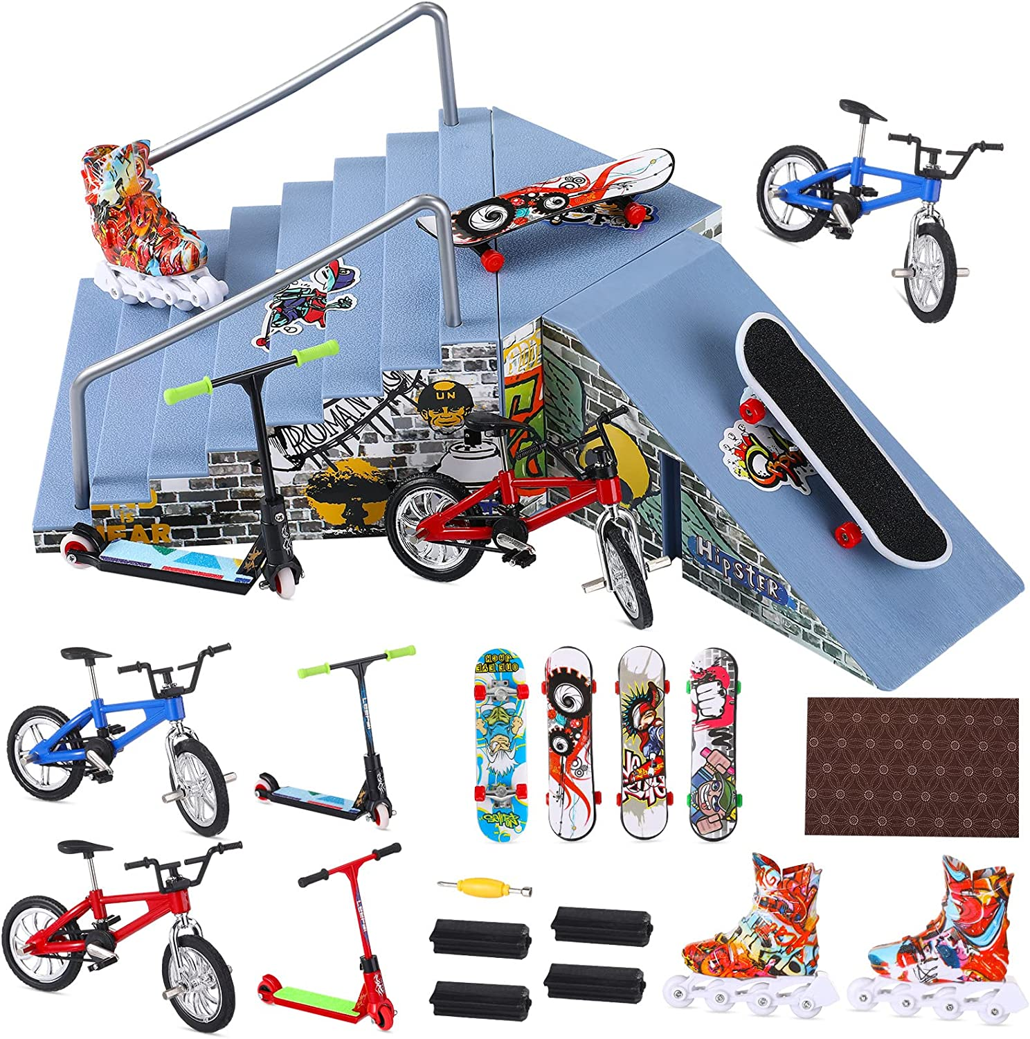 Fingerboard Ramps Kit - 24 Pcs Skatepark Set with Mini Toy Accessories Including Roller Skate, Bike, Scooter, and Hand Board image number 5