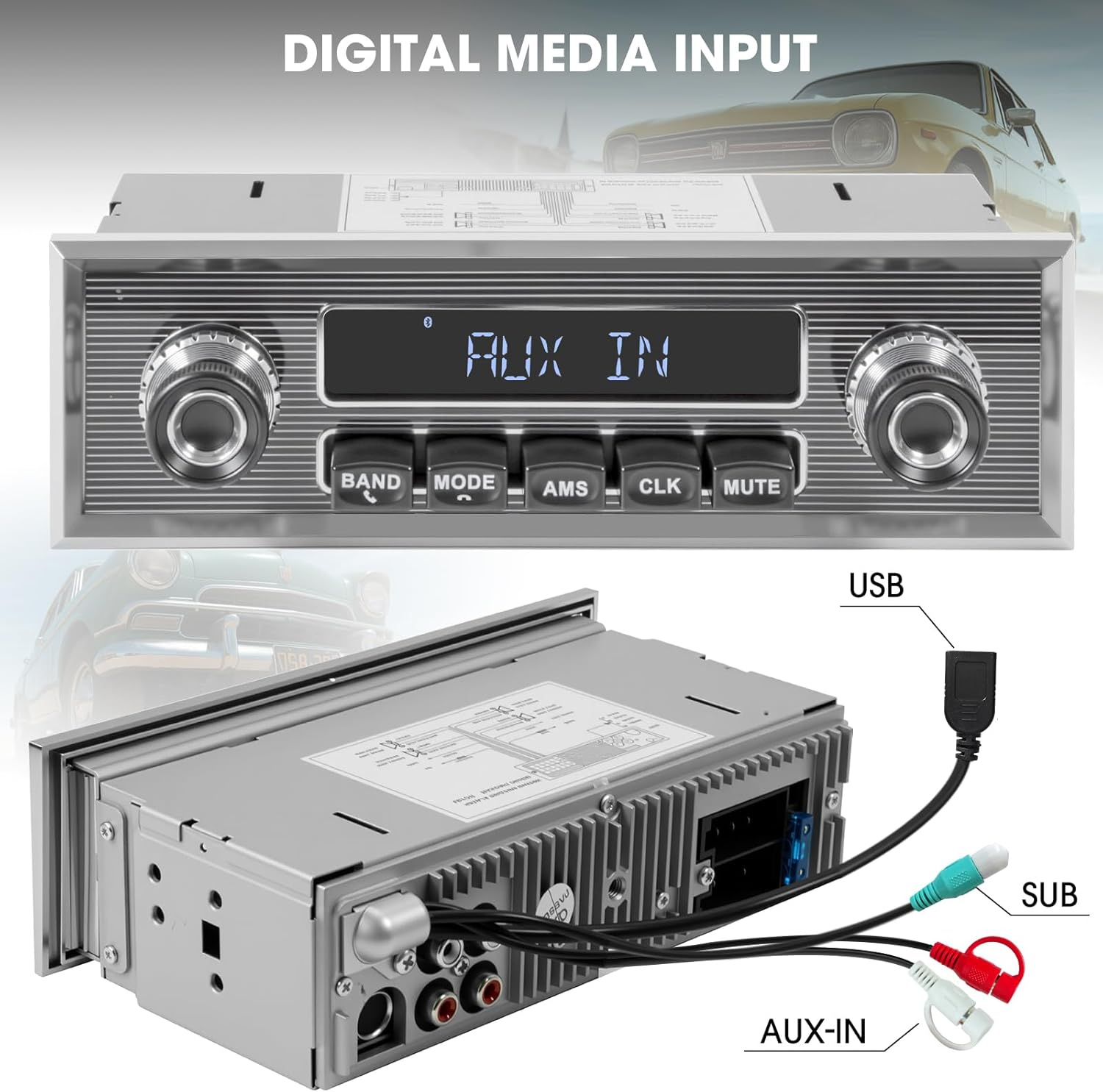 Single Din Classic Car Stereo: Vintage Retro Style Radio for Truck - Bluetooth LCD Display AM FM Receiver USB Aux-In Pre-Amp Subwoofer Output image number 2