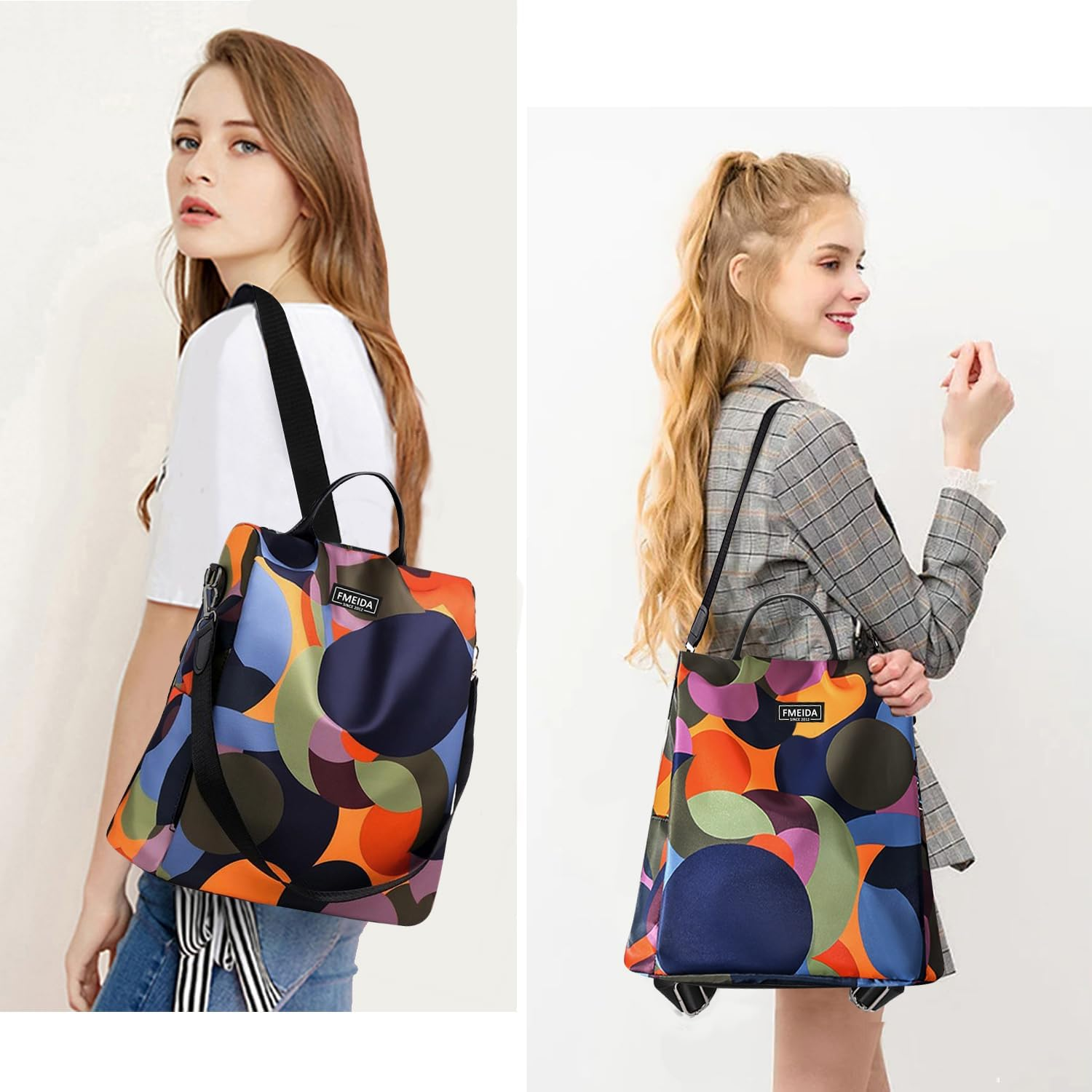 Fmeida Anti-Theft Backpack for Women, Waterproof Nylon Daypack Shoulder Bag Ladies Rucksack Handbags Lightweight Travel Bag School Bags Fashion Casual Backpacks Purse for Girls - Blue, White Flowers image number 2