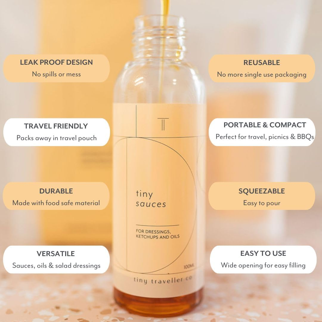 Tiny Traveller Co - Leak-Proof Squeeze Bottles for Sauces with 700Ml Silicone Storage Pouch, Compact Mini Dressing Bottles, Bpa-Free, Ideal for Sauces, Oils, Dressings, and Vinegars - 4 X 100Ml image number 4
