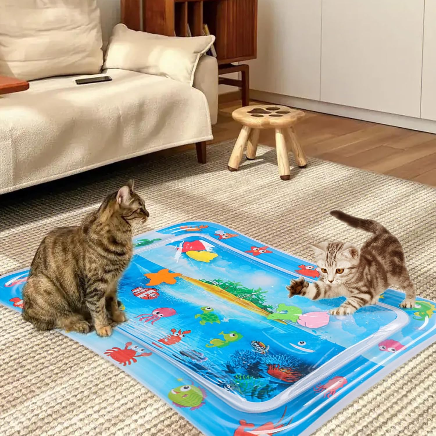 Water Sensor Mat - Cat Mat, Interactive Kitten Toys | PVC Leakproof Cat Water Sensory Pad, Water Sensory Playmat with Sea Theme, Bored Indoor Cats Toys, Sensor Water Playmat for Cats Dogs image number 6