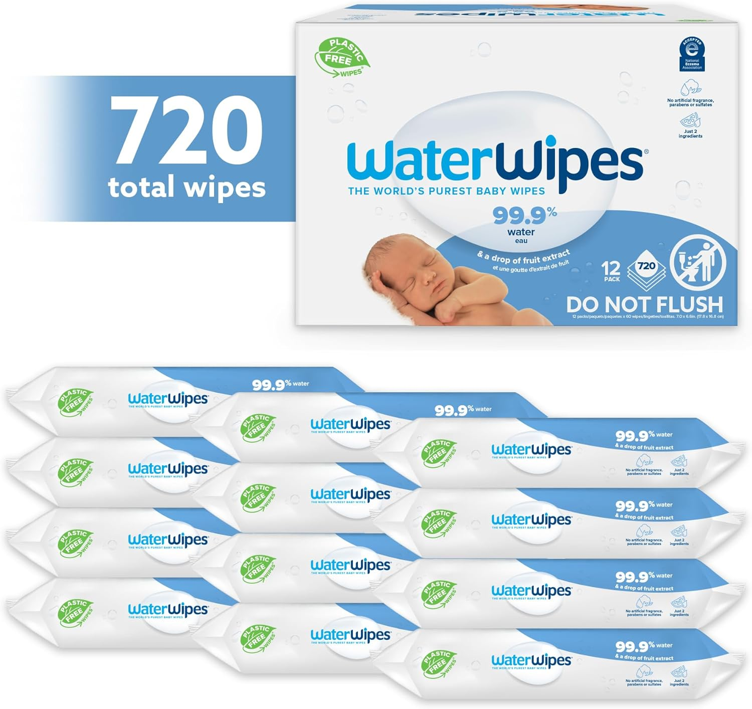 Waterwipes 720 Pack, Biodegradable Baby Wipes, 99.9% Water Based Wet Wiped, Unscented & Hypoallergenic, for Sensitive Skin & Newborns (12 Packs X 60 Wipes)