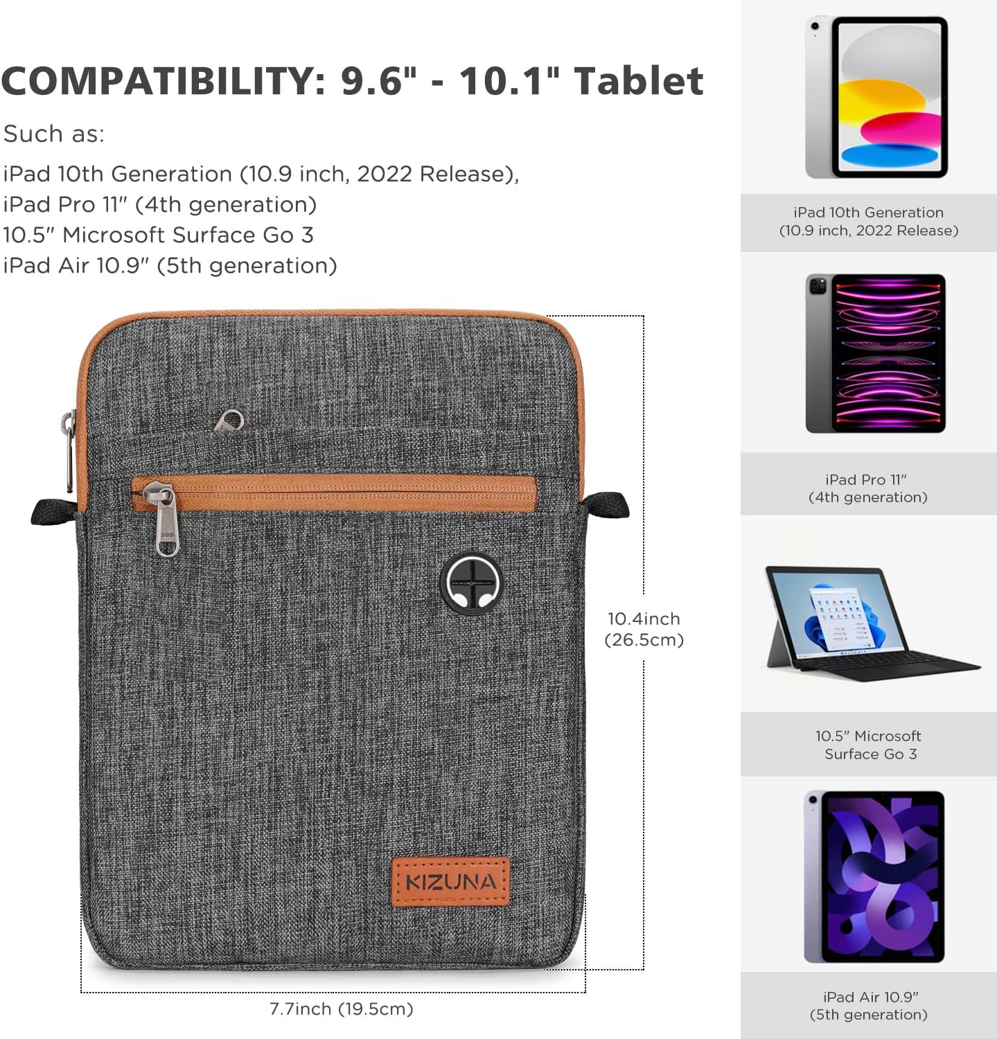 KIZUNA 10 Inch Tablet Sleeve Ipad Bag Water Resistant Shoulder Bag for 11" Ipad Pro M2/10.9" Ipad A14/10.9" Ipad Air 5/Ipad 10.9"(10 Gen)/Apple 10.2" Ipad/10.5" Surface Go 3/Galaxy Tab S6,Brown - Brown image number 3