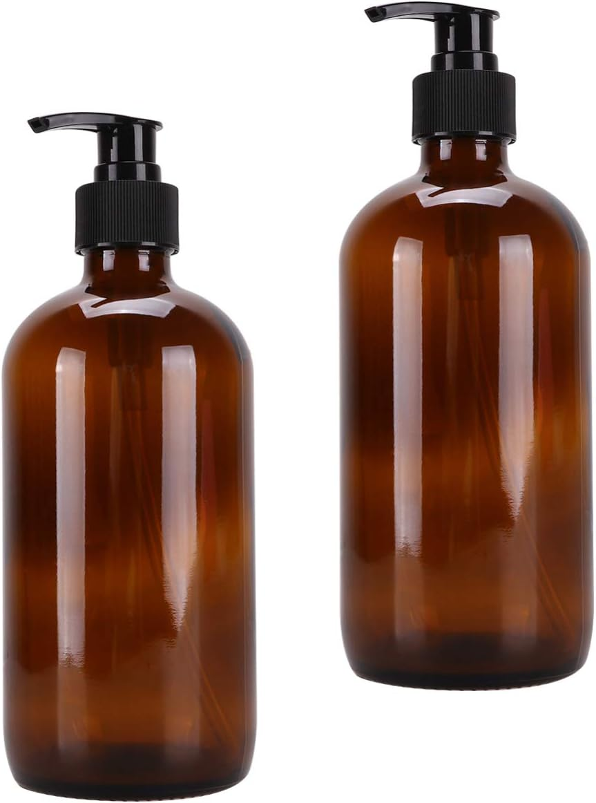 DOITOOL 2Pcs Glass Pump Bottles with Black Lotion Pumps 500ML Refillable Pump Bottles Dispenser Thick Glass Lotion Soap Shampoo Containers Multipurpose for Bathroom