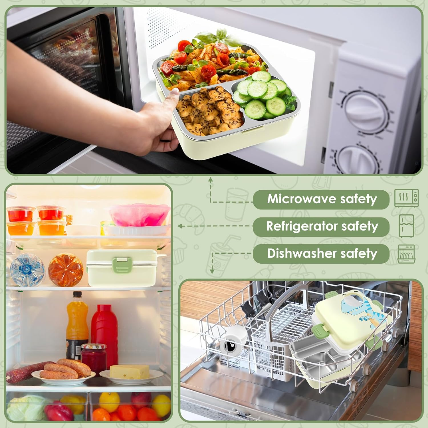 Stainless Steel Toddler Lunchbox, with Lid for Kids Double Layer Lunchbox Food with Compartments Microwave Safe for School Camping Travel (Green)