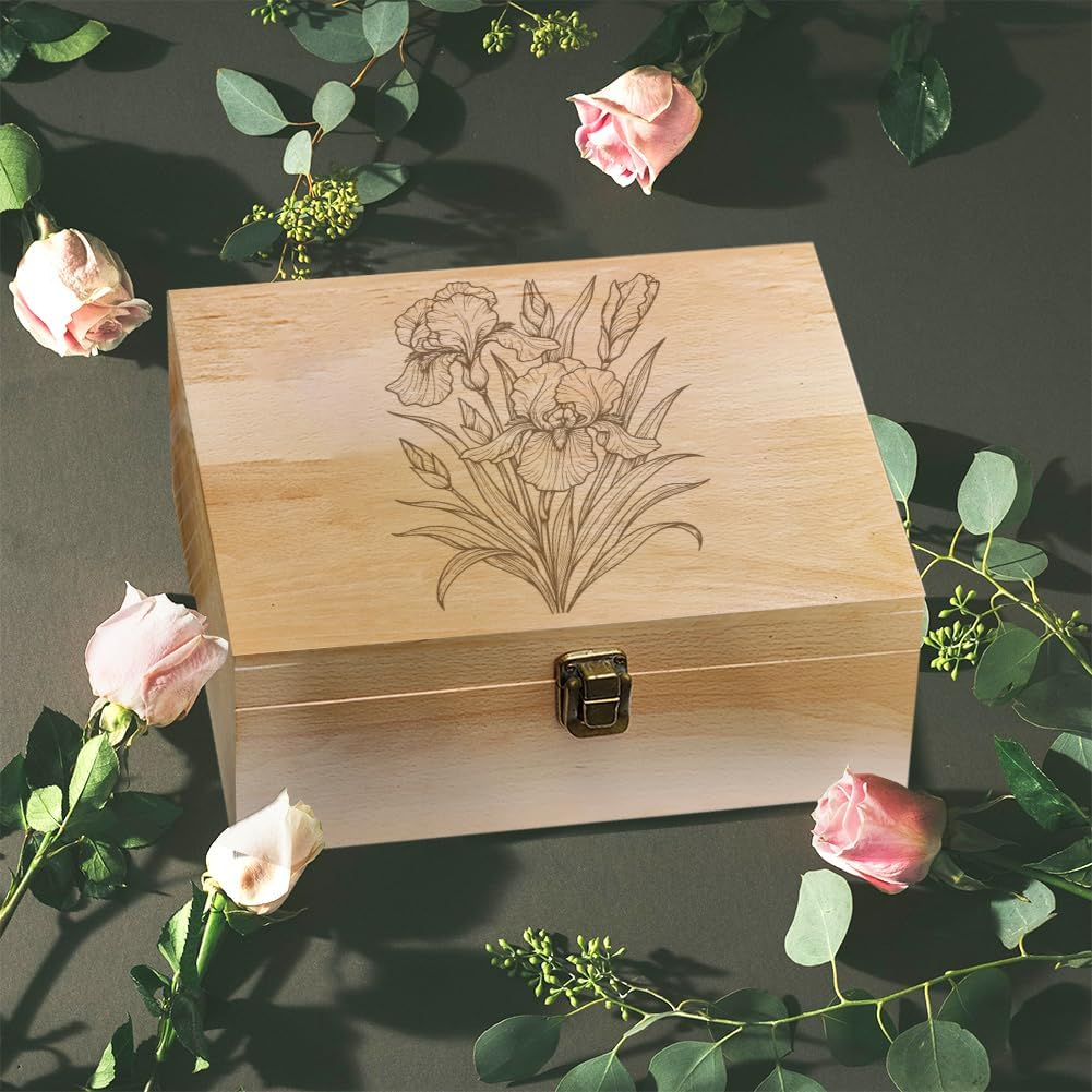 Arricraft 1 Pc Wooden Memory Keepsake Box, Sketch of an Iris Pattern Storage Decorative Memory Wooden Box with Hinge Lids for Photos Dvds Letters Holding 24.5X19.5X10.3Cm image number 3
