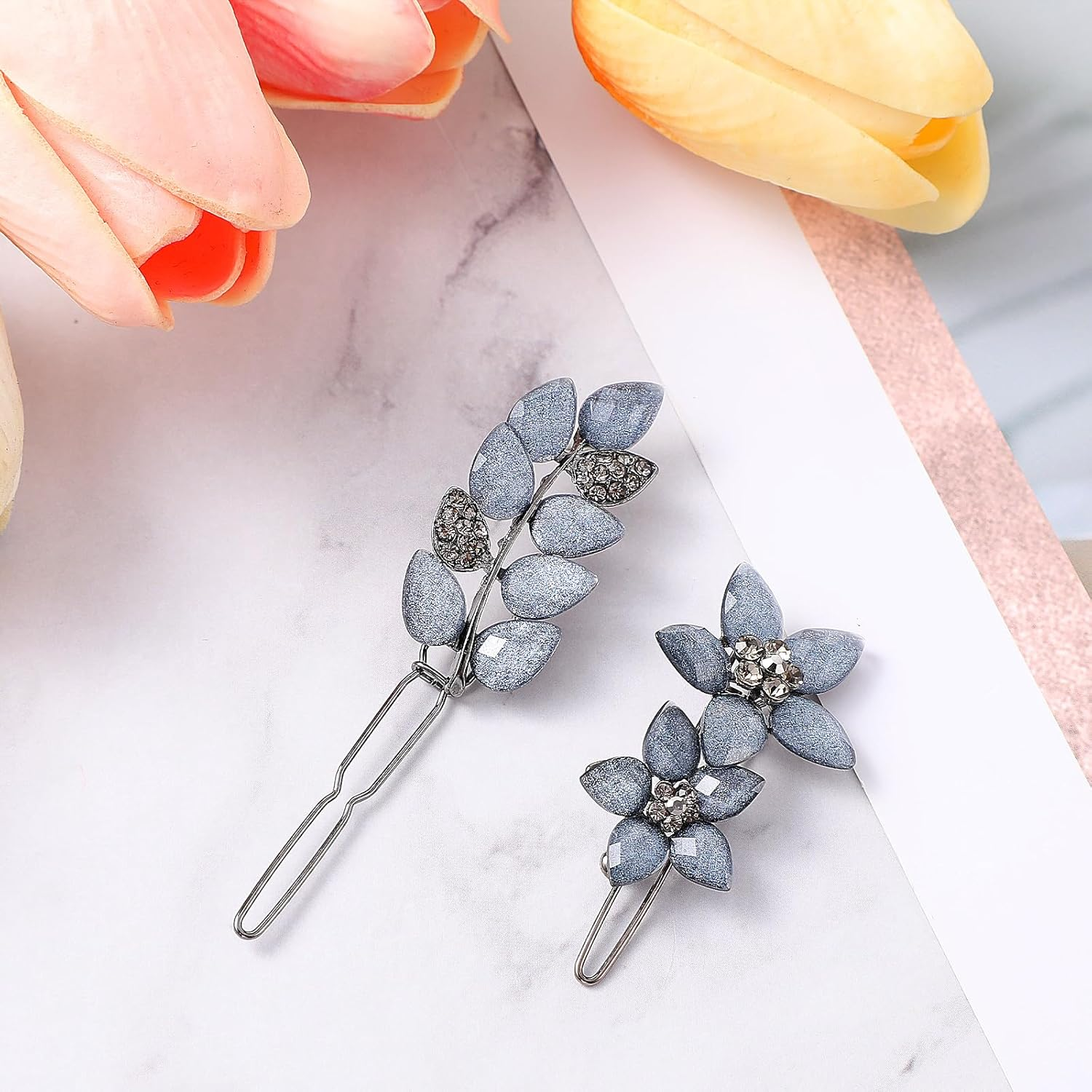 AOZUO 2 Pieces Fancy Hair Clips for Women, Vintage Rhinestone French Hair Clip Blue Crystals Small Flowers Hair Clips Decorative Hair Clips for Wedding Engagement Prom Valentines image number 2
