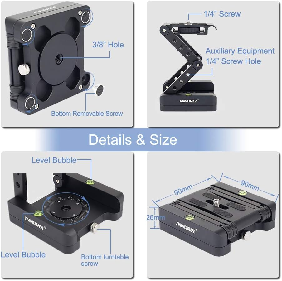 Z-Flex Tilt Tripod Head-Innorel MH5 CNC Aluminum Alloy All Metal Flexible Folding Z Pan 360&deg; Horizontal Rotation with 1/4" and 3/8" Screws, Max Load 6.61Lb for Canon Nikon Sony DSRL Camcorder Slider image number 4