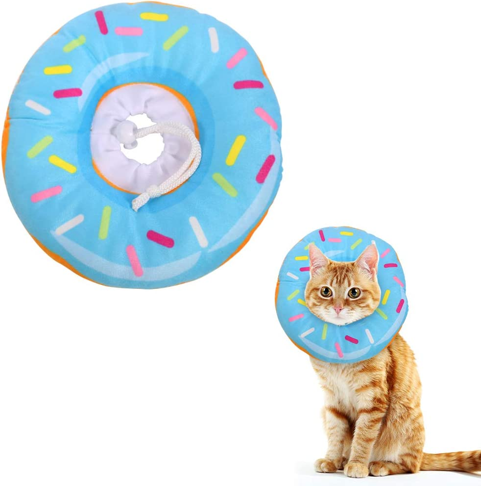 Xinzistar Cat Cone Collar Recovery Collar Pet Kitten Soft Protective Neck Collar after Surgery Adjustable Healing Elizabeth Collar Comfy Cotton Cone (S, Blue Donut)
