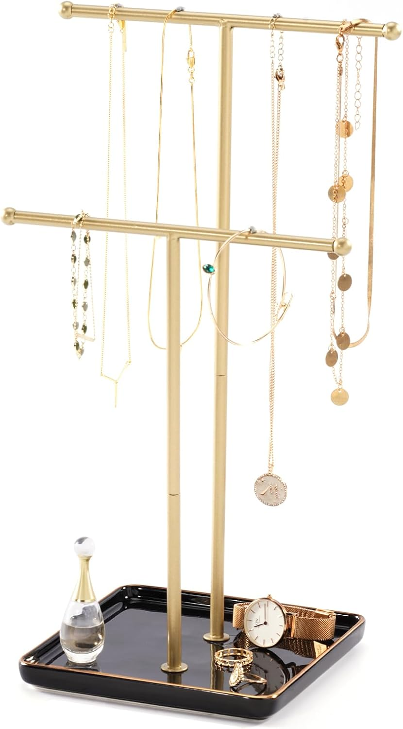 Lolalet Necklace Holder, Jewelry Display Stand with Ceramic Base Tray Jewelry Organizer Tree for Necklaces Bracelets Earrings Rings -White, 2 Tiers