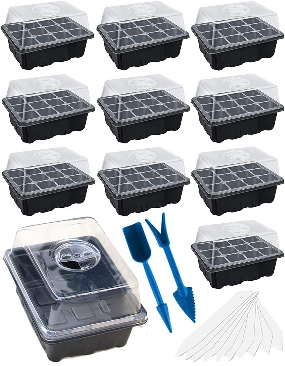 120 Cells Seedling Starter Tray Kit, 10 Pack Seed Starting with Humidity Dome and Base Vented Trays for Greenhouse Gardens, Adjustable Plant Starter Kit, Mini Propagator for Germination (Black)