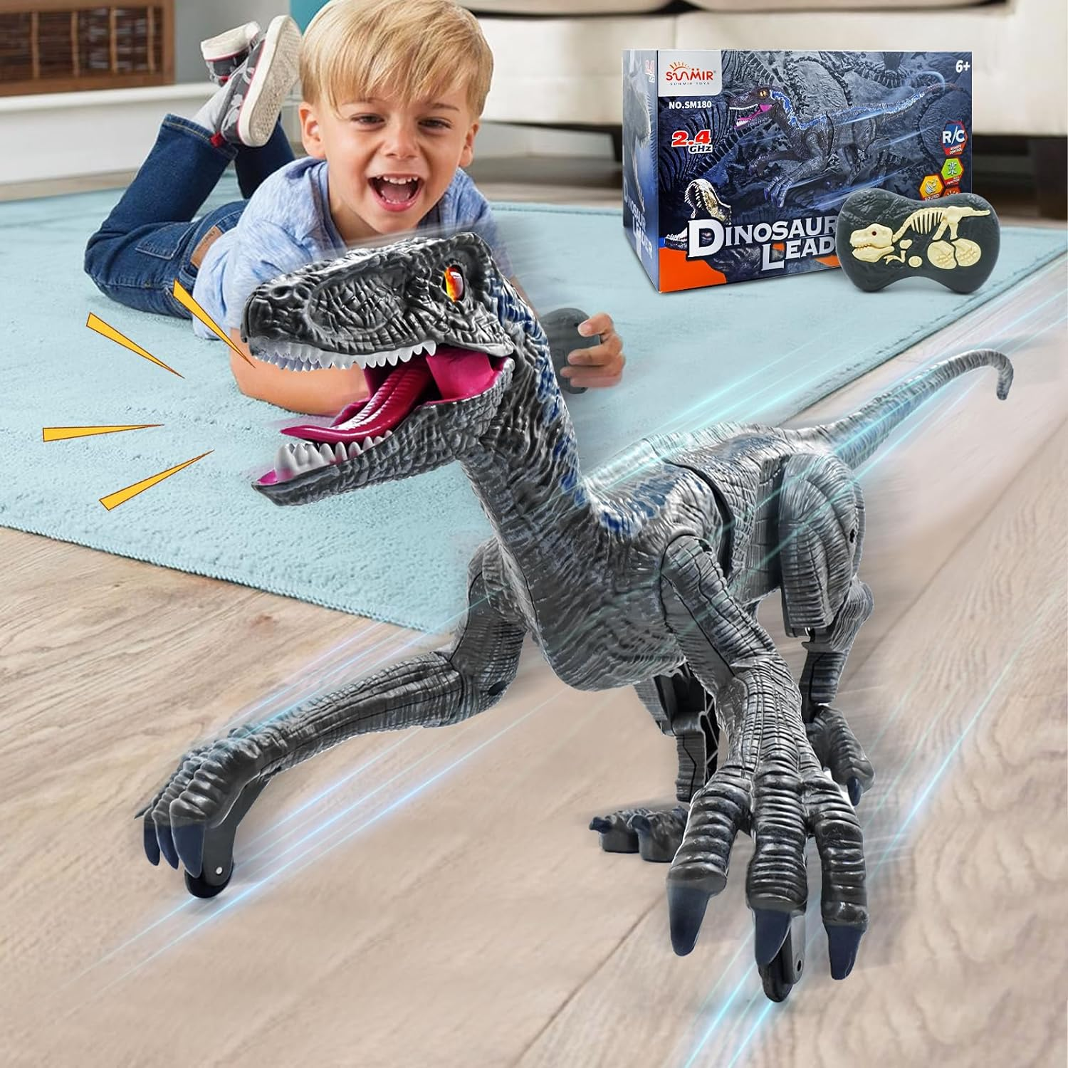 Peeokuo Remote Control Dinosaur for Kids,2.4G Electronic RC Toys Velociraptor with 3D Eye Shaking Head and Tail & Roaring Sounds, Indoor Robot Dinotoys for 3-5 5-7 8-12-Year-Old Gifts image number 6