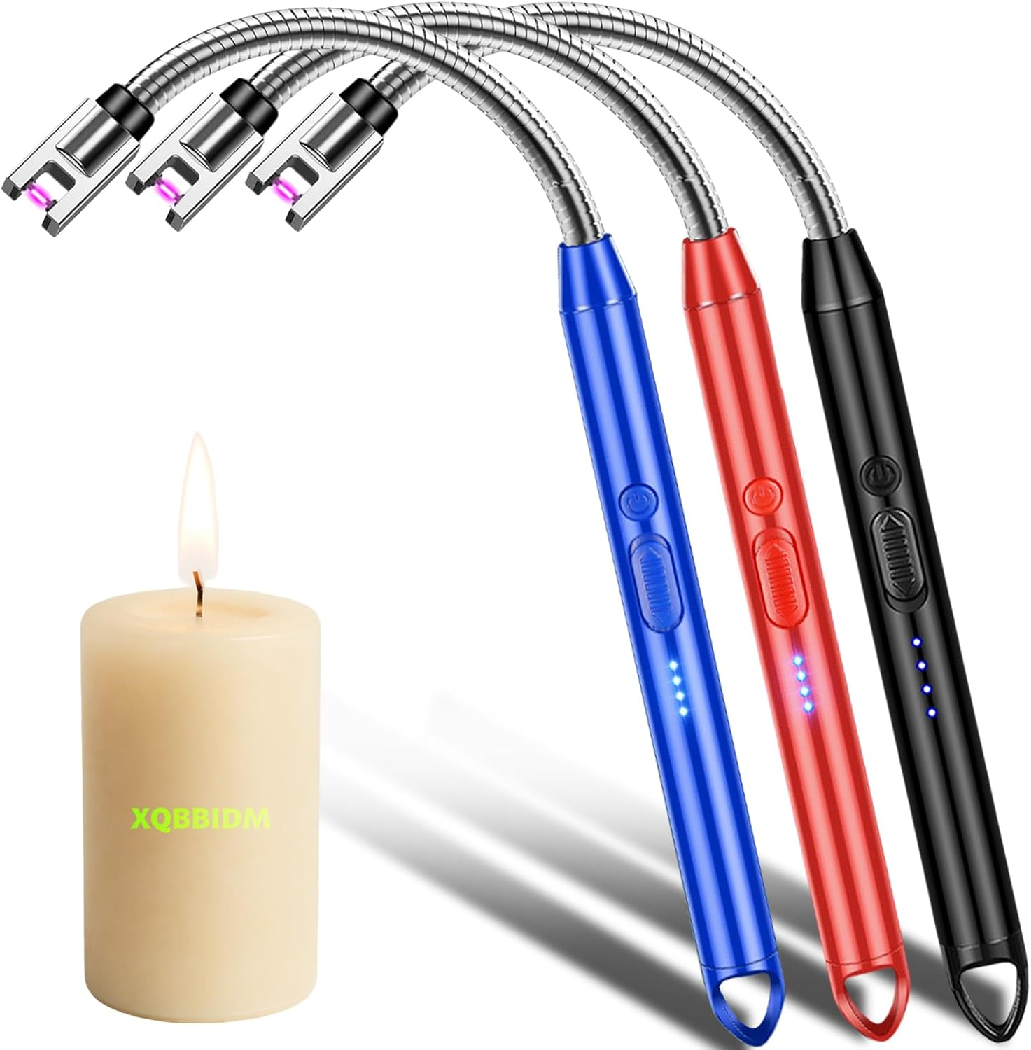 Electric Lighter, 3 Pack of USB Rechargeable Candle Lighter with Hook, 10.2-Inch Flexible Neck Arc Lighters with LED Battery Indicator and Safety Switch for Candle, Kitchen,Grill,Camping (Cone Hook)
