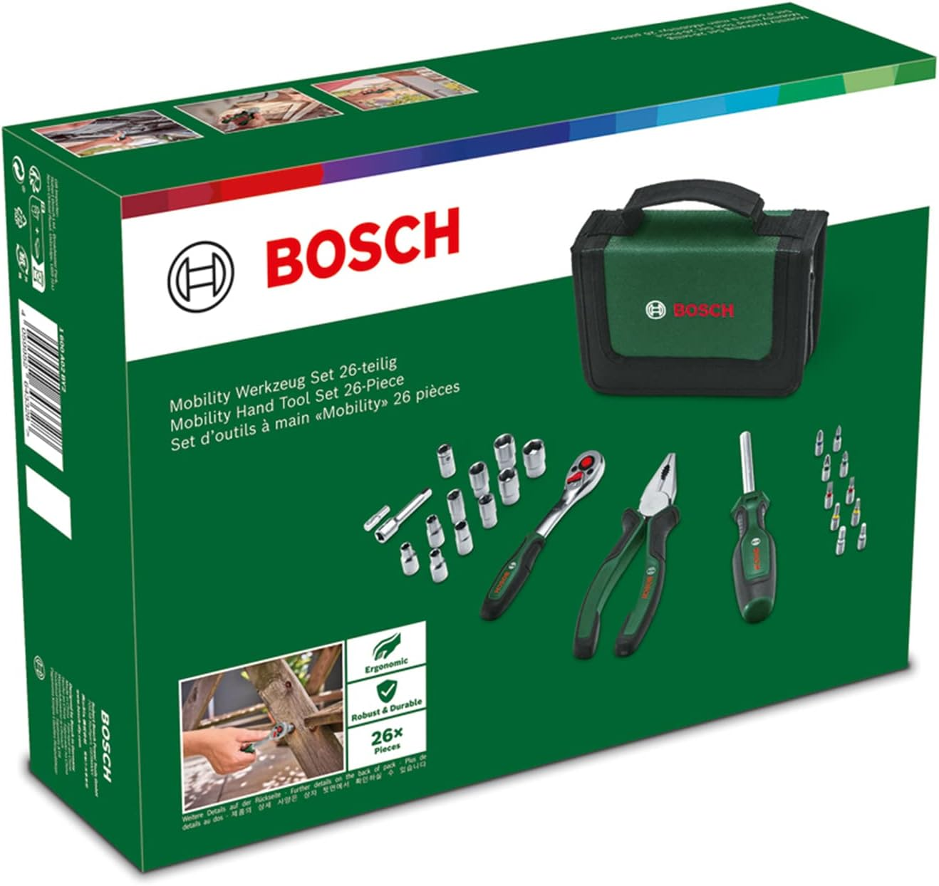Bosch Home & Garden Mobility Hand Tool Set 26-Piece (Compact and Portable Tool Kit for DIY Tasks; Optimal Choice on the Road; 1/4" Ratchet; Combination Pliers; Universal Screwdriver; in Fabric Bag) image number 1