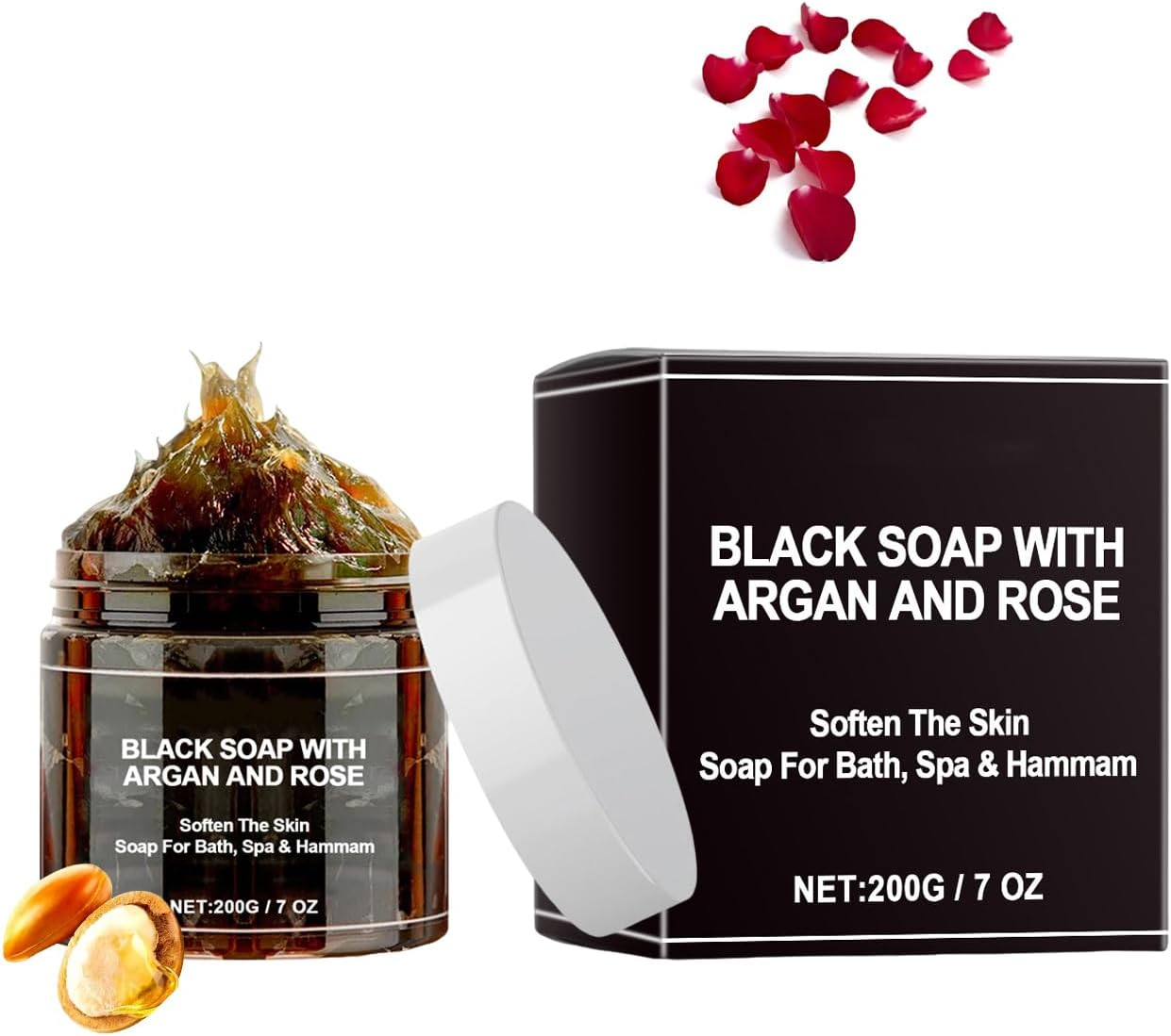 Black Soap with Argan and Rose, Exfoliating Body Cleanser, Gentle Cleansing, 100% Natural, Hydration & Moisturizing, Soften the Skin, Black Soap for Bath, Spa & Hammam, Fresh Fragrance (1Pcs)