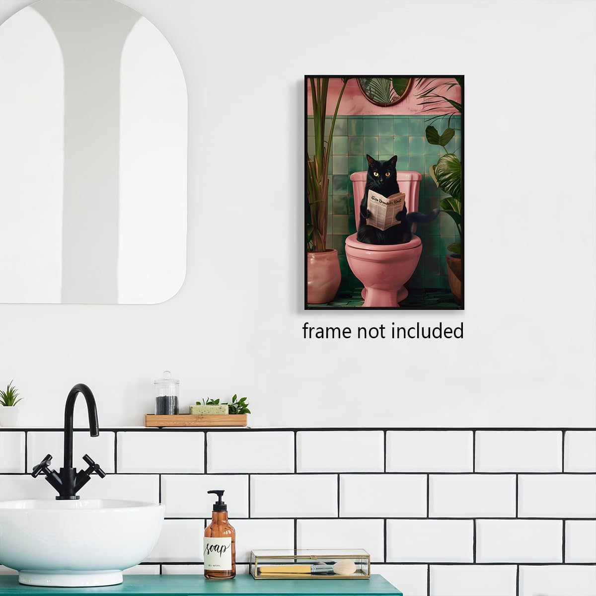 Funky Pink Canvas Wall Art - Black Cat Reading Newspaper on Toilet Poster, Funny Cat Pooping, Green Botanical Plant Animal Bathroom Print, 16X24In Unframed image number 3